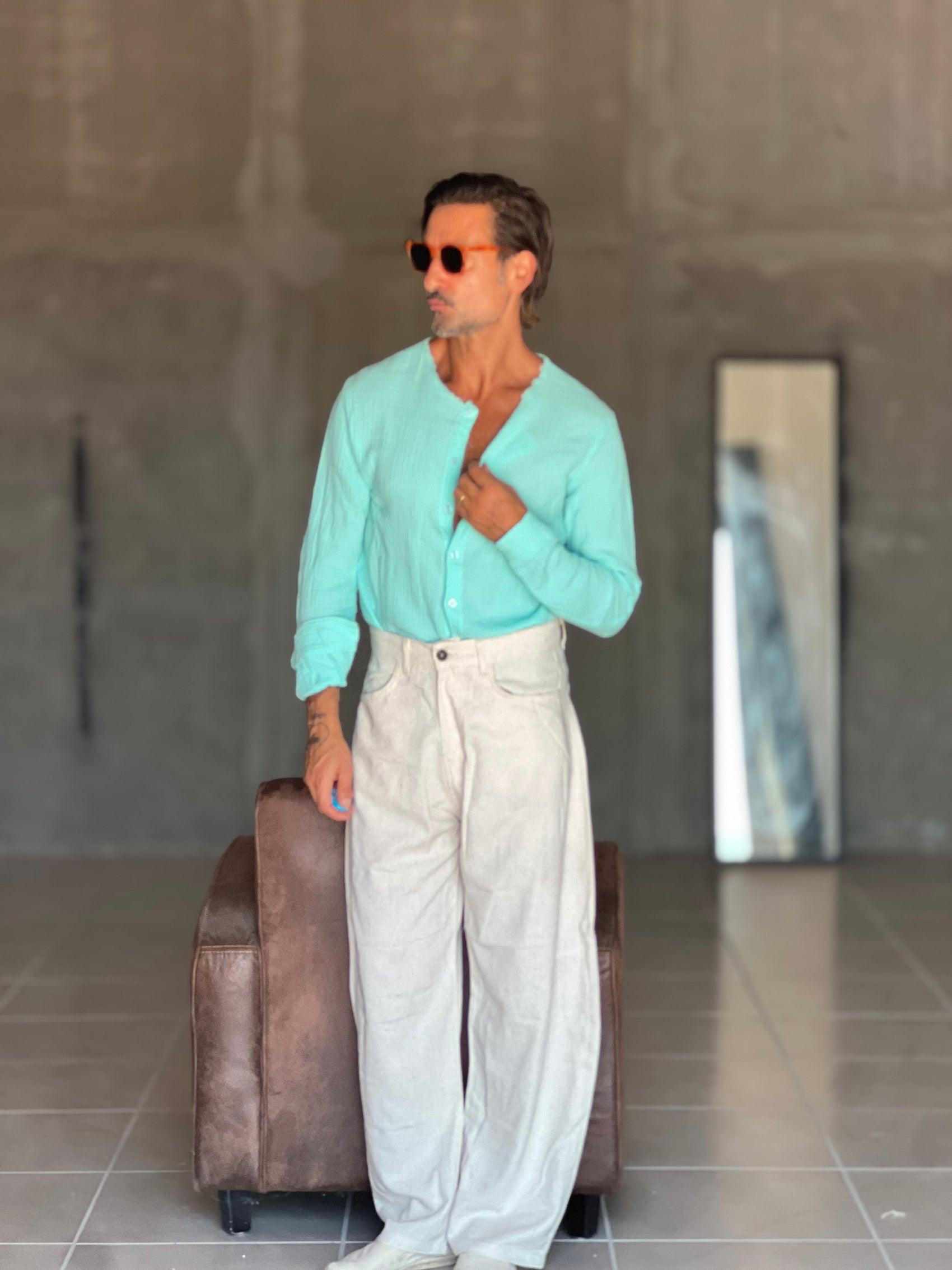 CAMICIA COREANA VERDE ACQUA GOFFRATA COTONE  EFFETTO LINO 278