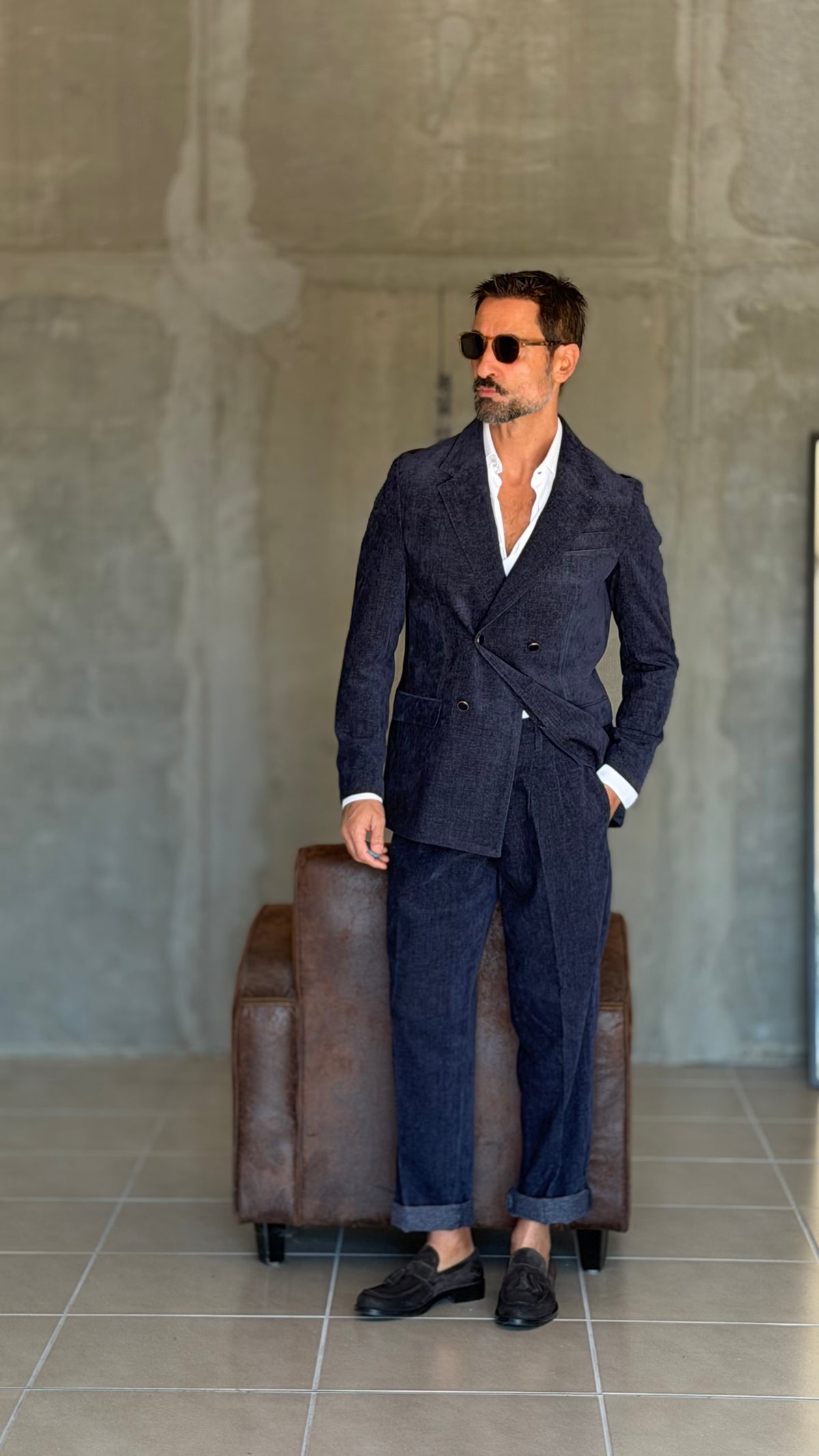 ABITO  BLU VELLUTO LISCIO DOPPIOPETTO PANTALONE FONDO REGULAR PETRO' 1060