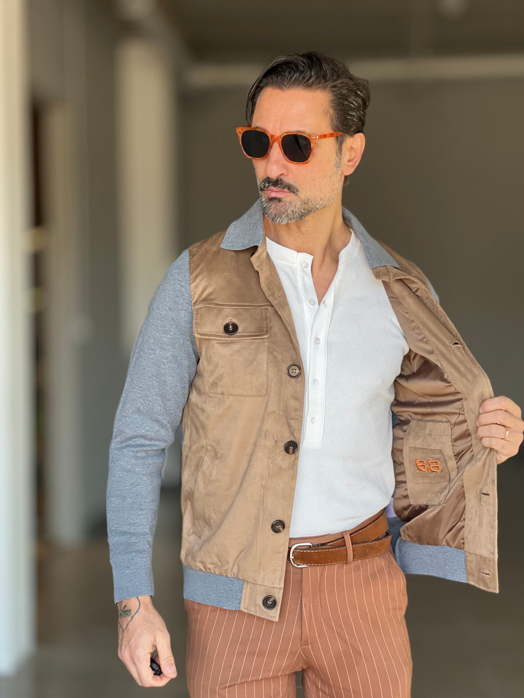 COLLEGE CAMMELLO E GRIGIO  ECORENNA MANICA A CONTRASTO COLLO CAMICIA 006