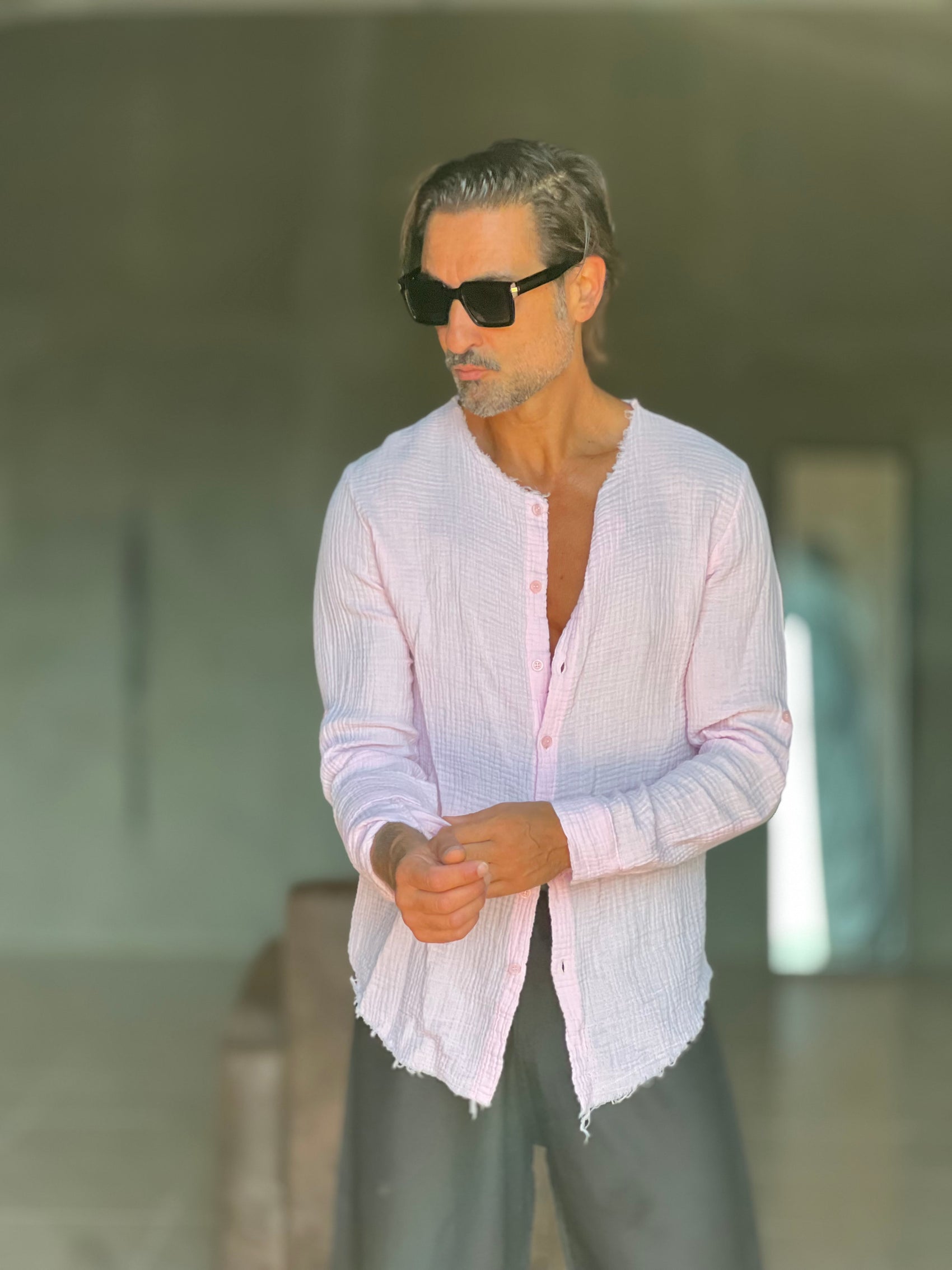 CAMICIA COREANA ROSA GOFFRATA COTONE  EFFETTO LINO 278