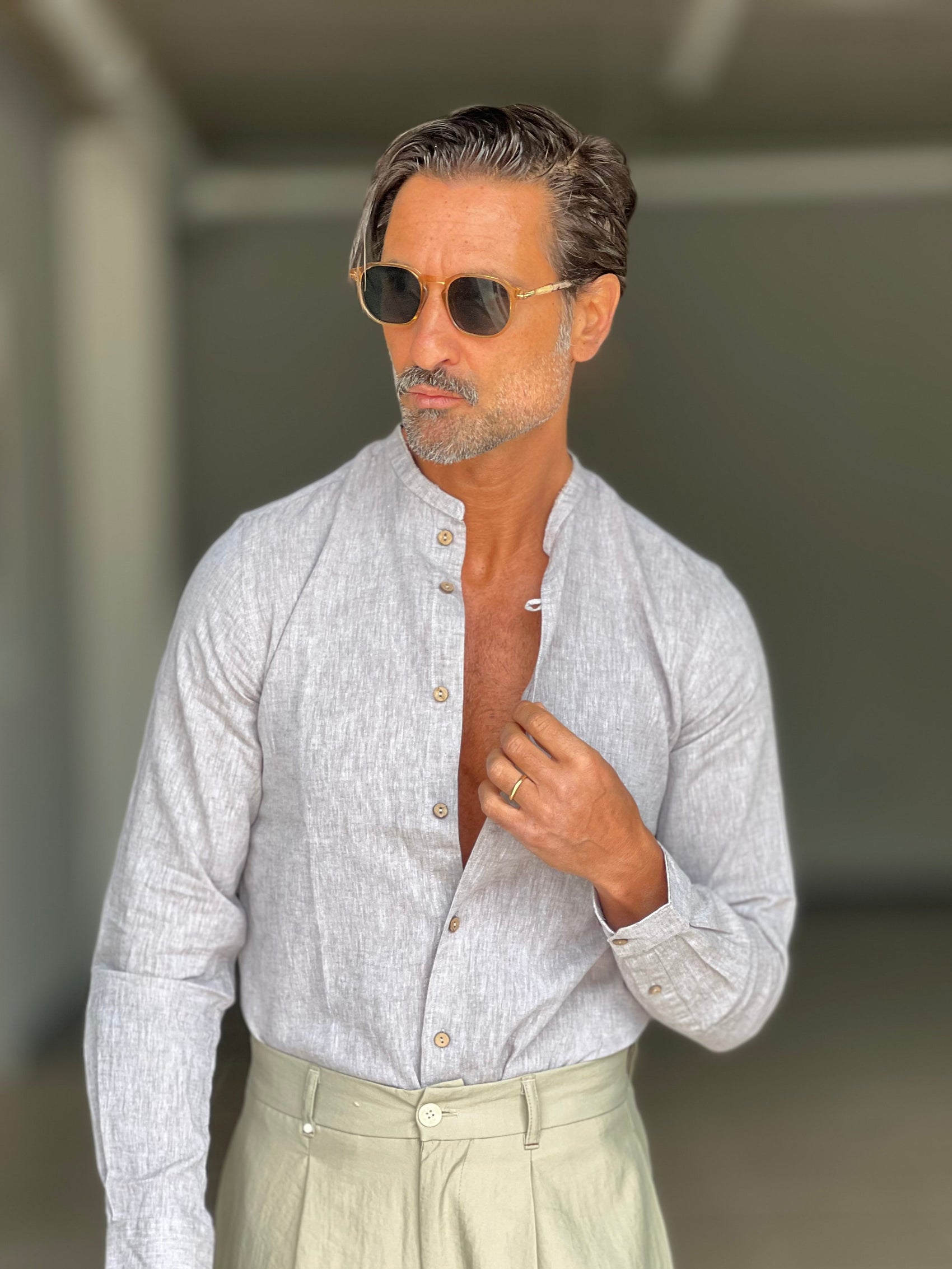 CAMICIA COREANA GRIGIA/VERDE  MISTO LINO  BL11