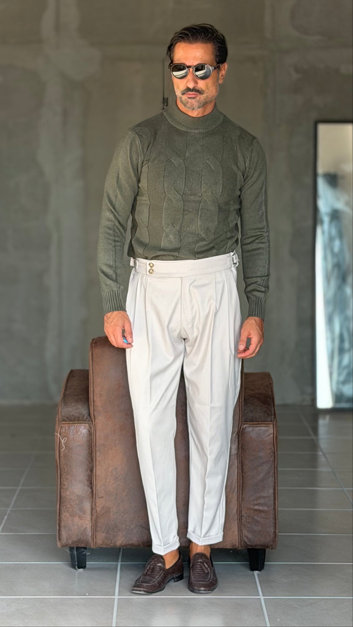 PANTALONE SABBIA VITA ALTA PINCES VISCOSA  EFFETTO FLANELLA BATTUTA