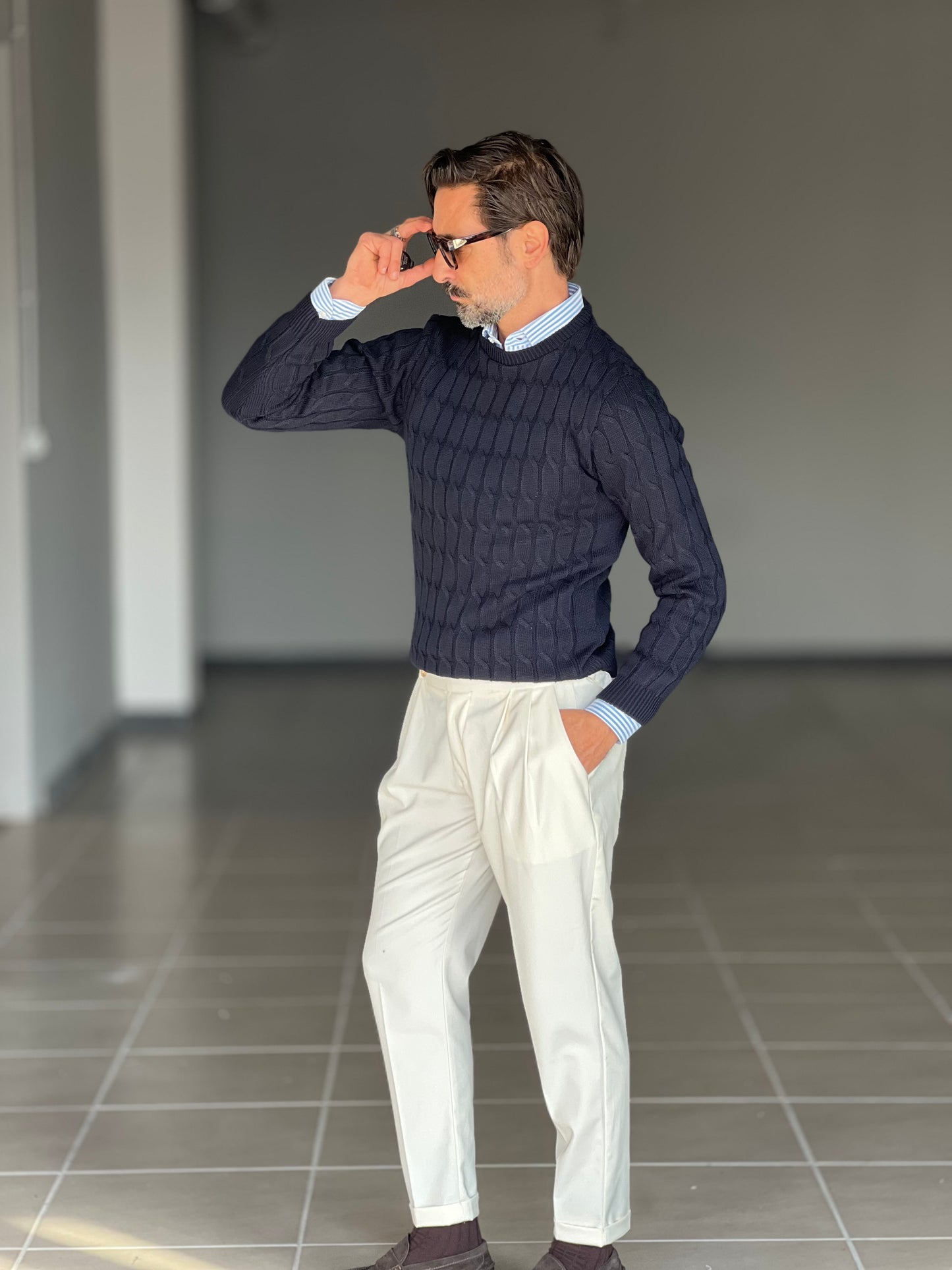 BLUE THREAD COTTON CREW NECK SWEATER