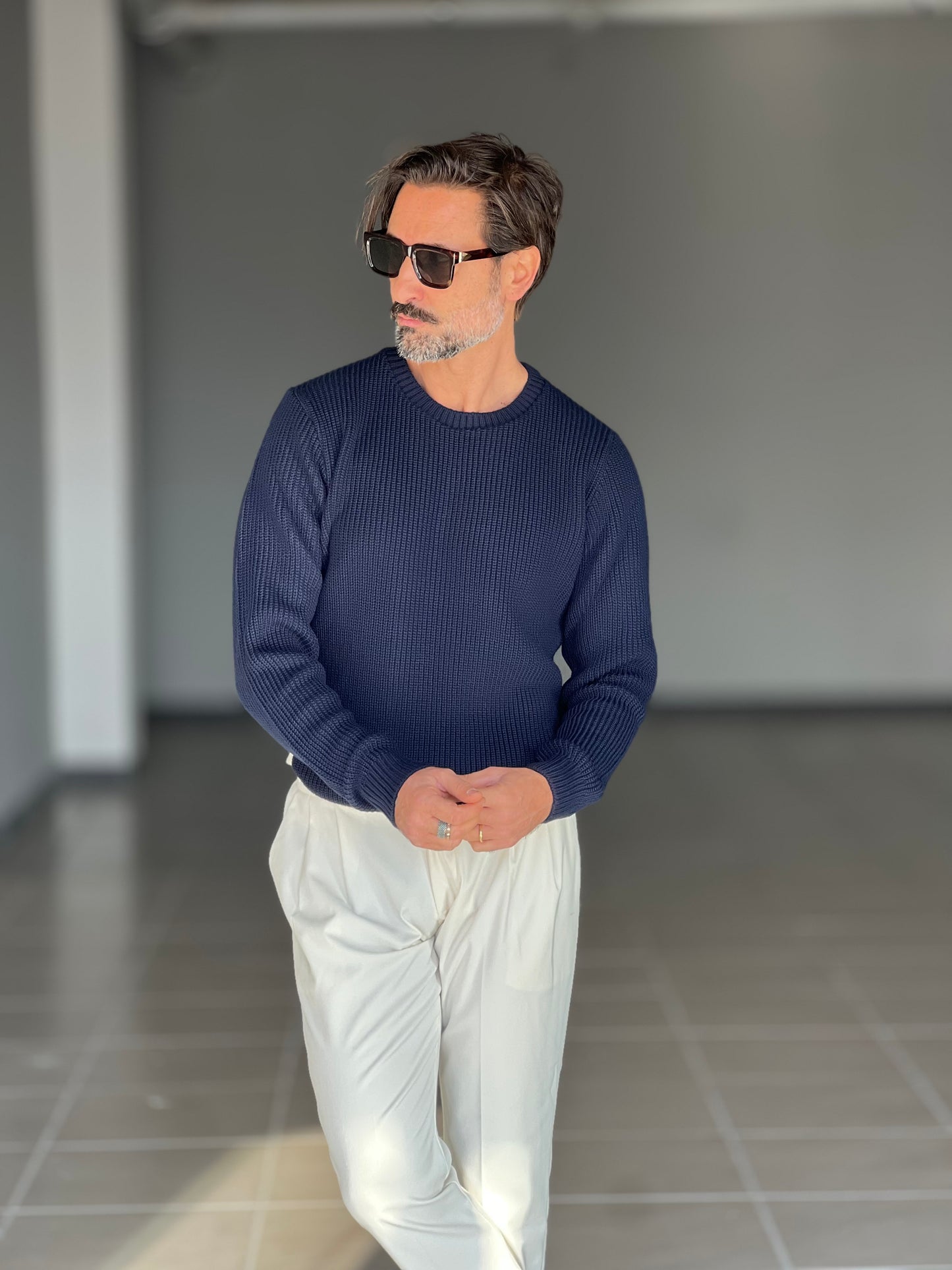 BLUE THREAD COTTON CREW NECK SWEATER