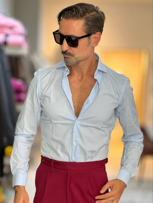 CAMICIA CELESTE POPELINE DI COTONE STRECH