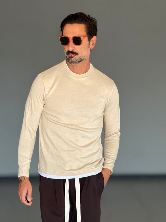 MAGLIA  2 FILI BEIGE INSERTO T SHIRT BIANCA