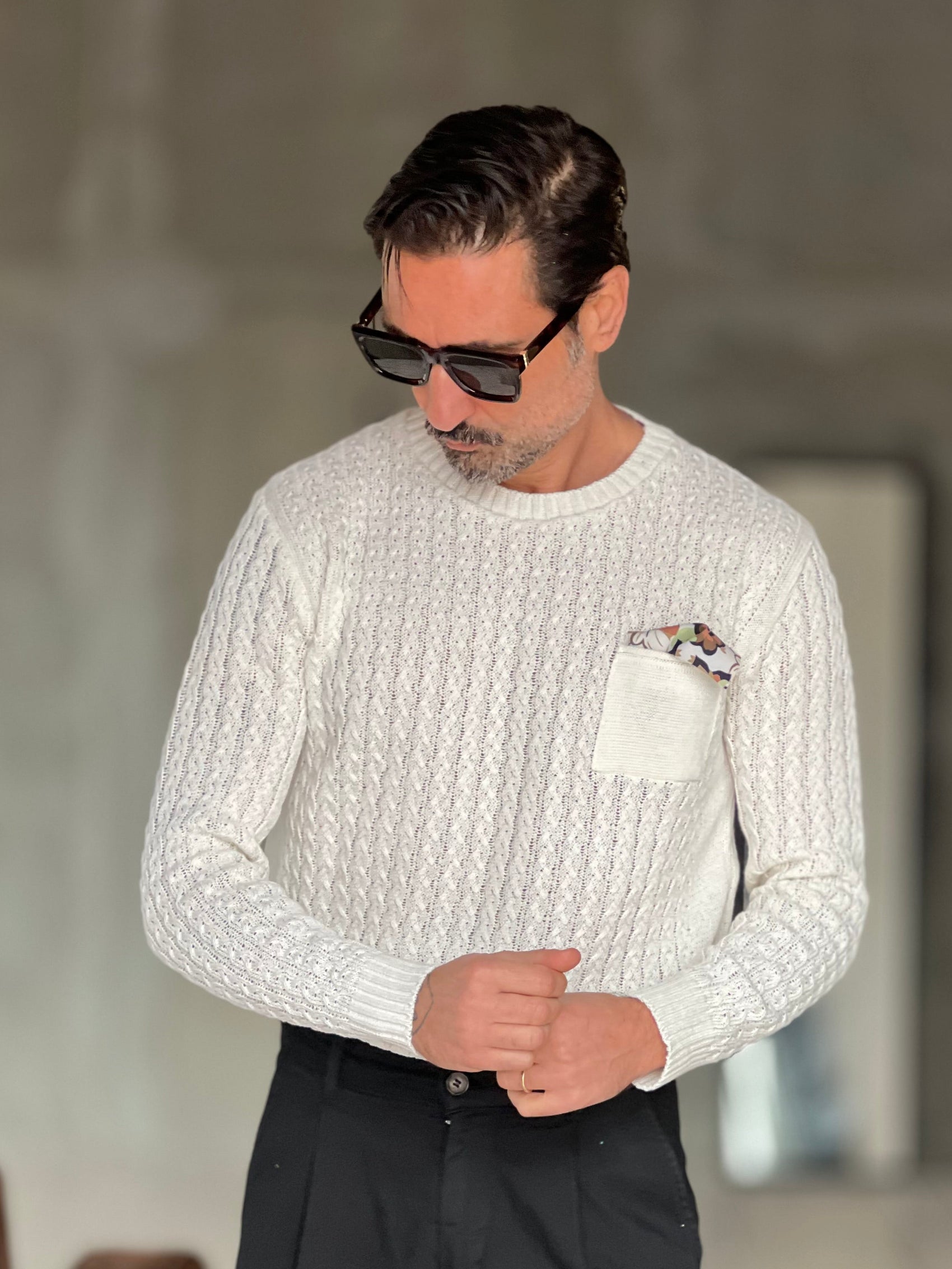 MAGLIA BIANCA  TRECCIA COTONE TASCHINO