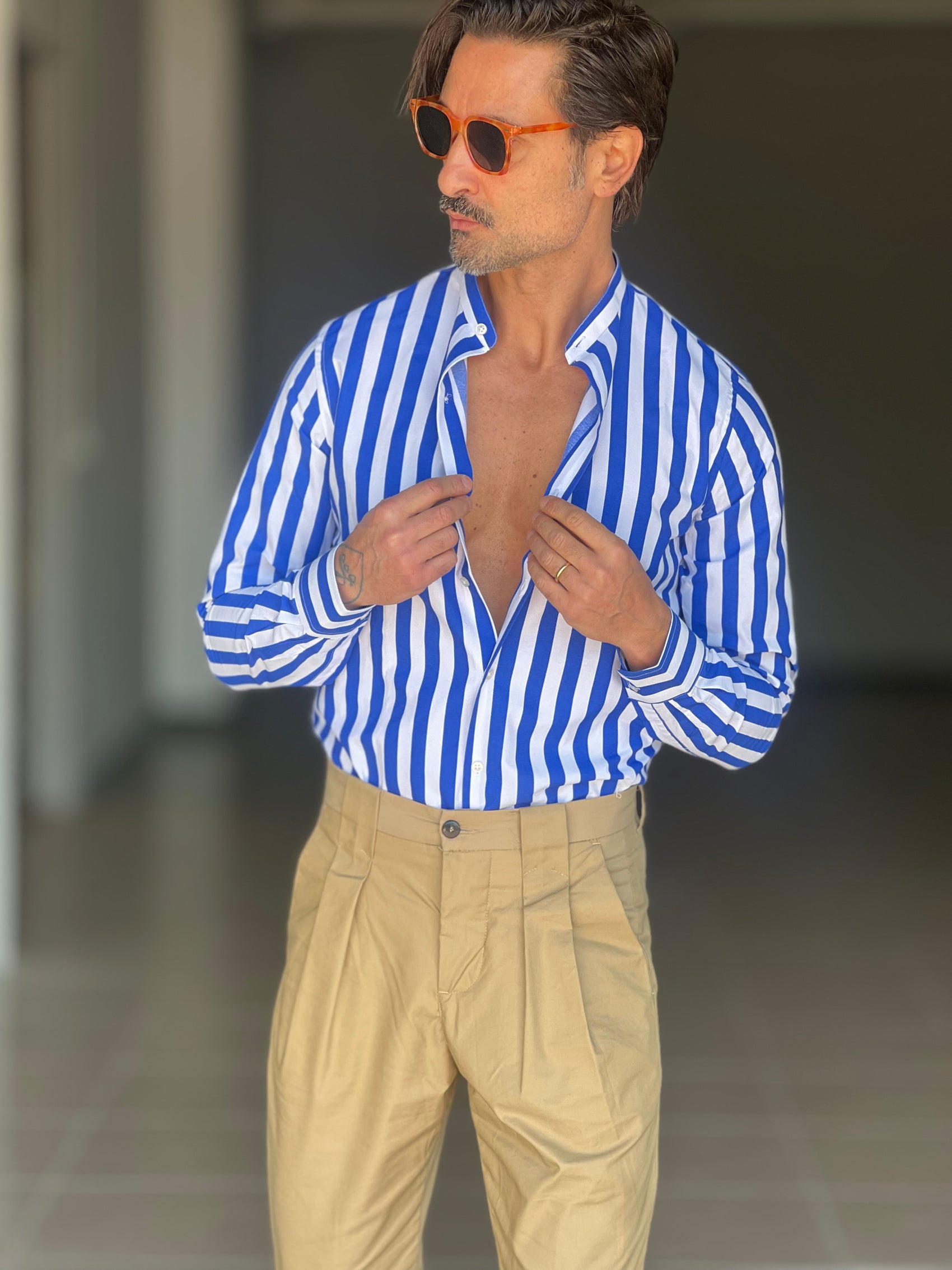 CAMICIA BIANCA E BLU  COREANA   POPELINE DI COTONE STRECH 0070