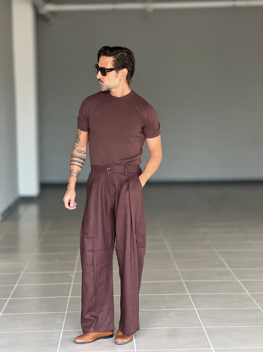 PANTALONE MORO LINO E COTONE  DOPPIA  PINCES BALOON 00125