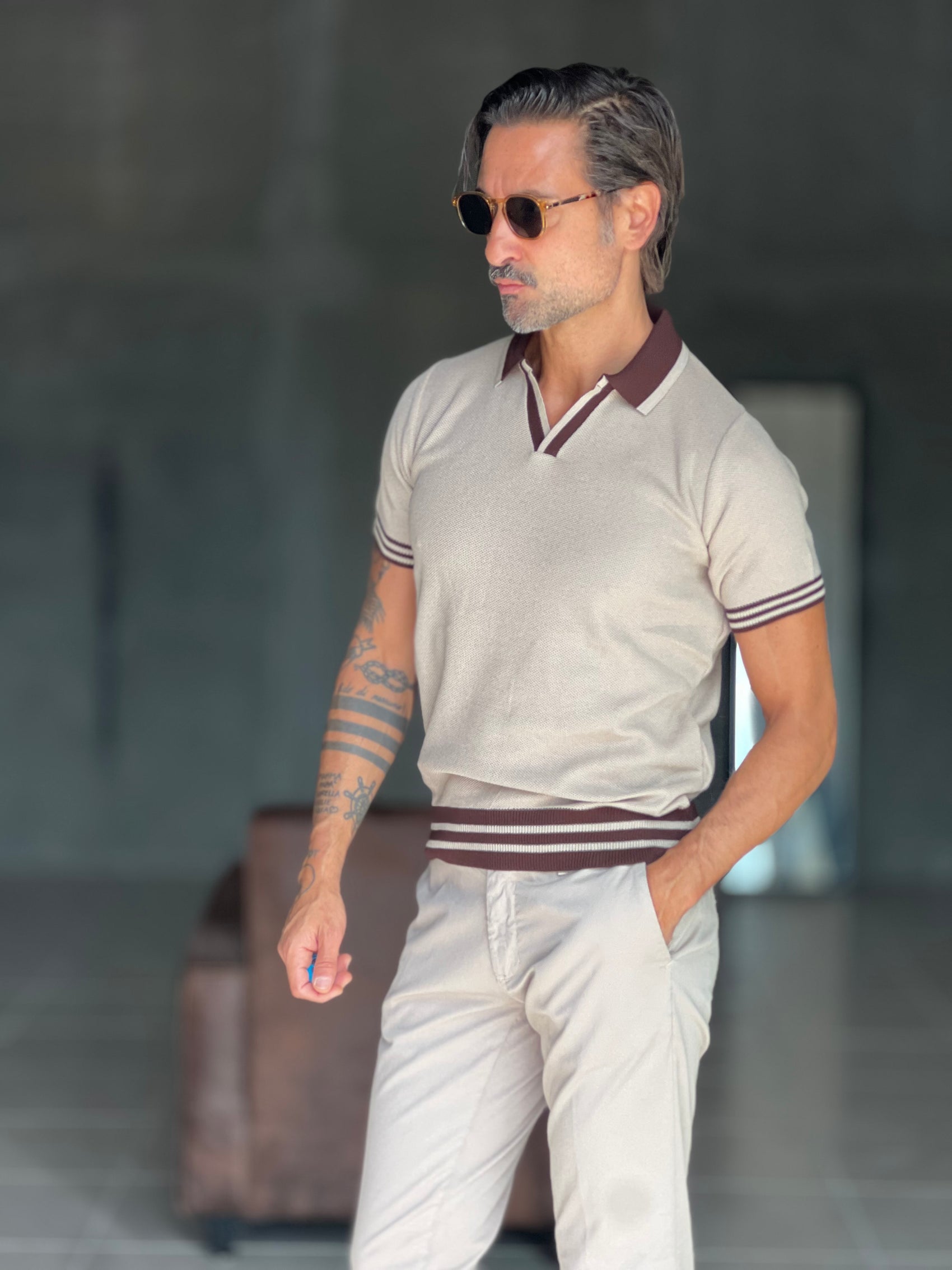 POLO BEIGE COLLO E FONDO A CONTRASTO