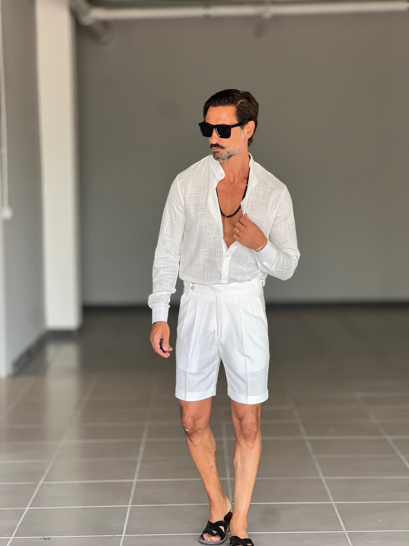 BERMUDA BIANCO LINO E VISCOSA   VITA ALTA