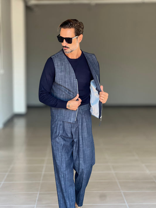 GILET  BLU FIAMMATO ZIP STONDATO PETRO'