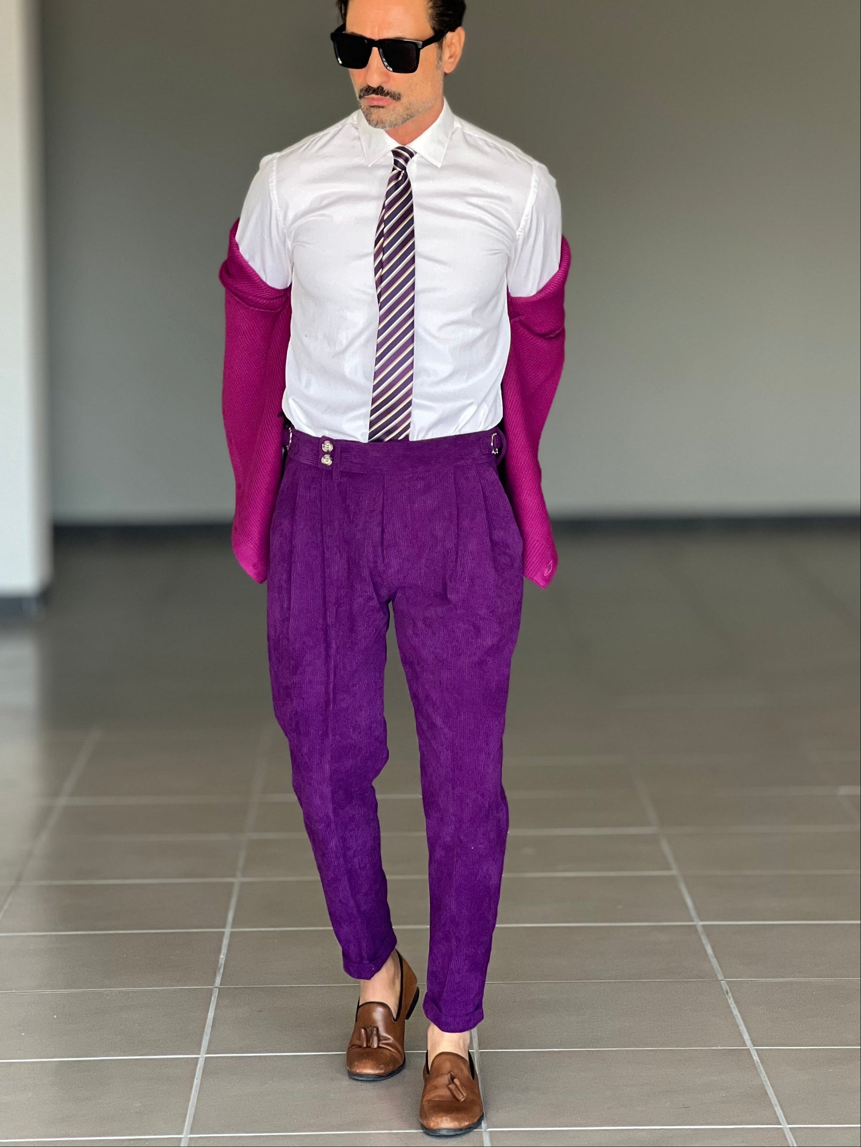 PANTALONE VELLUTO  VIOLA  PINCES VITA ALTA