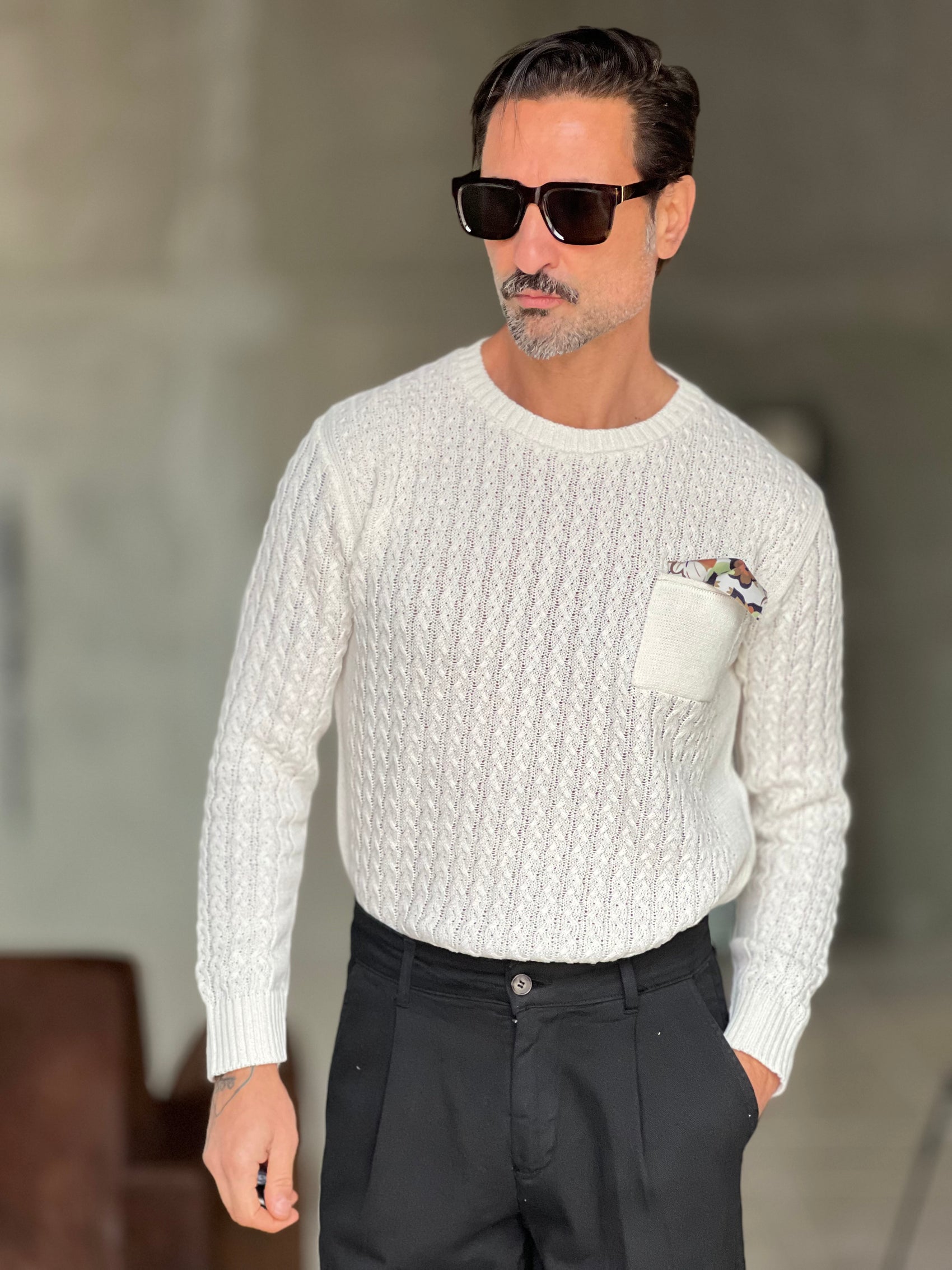MAGLIA BIANCA  TRECCIA COTONE TASCHINO