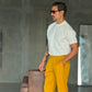 PANTALONE GIALLO UOVO  VITA ALTA PINCES VISCOSA  EFFETTO FLANELLA BATTUTA