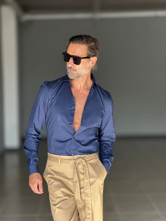 CAMICIA BLU  COTONE COLLO ITALIANO STRECH