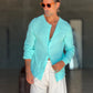CAMICIA COREANA VERDE ACQUA GOFFRATA COTONE  EFFETTO LINO