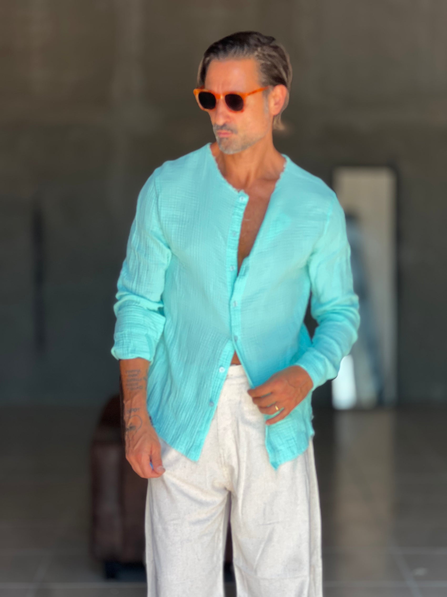 CAMICIA COREANA VERDE ACQUA GOFFRATA COTONE  EFFETTO LINO 278