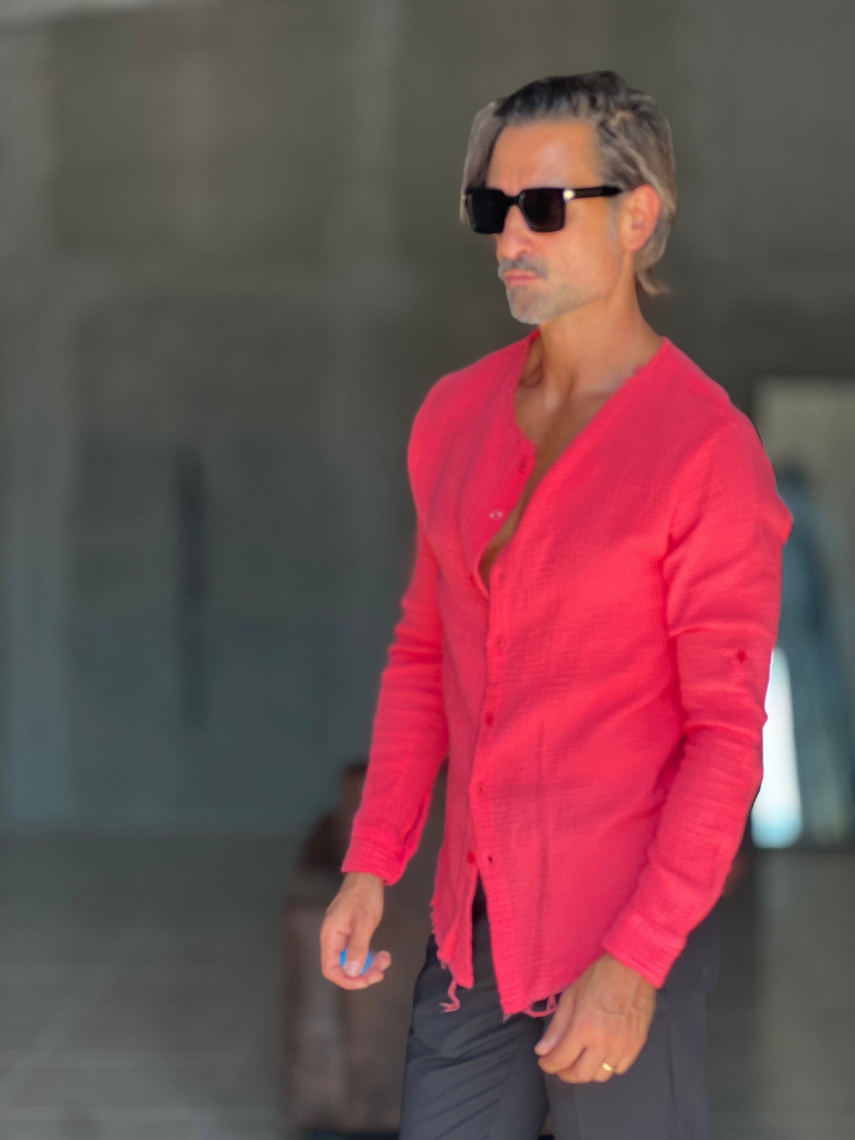 CAMICIA COREANA. ROSSA CORALLO GOFFRATA COTONE  EFFETTO LINO 278