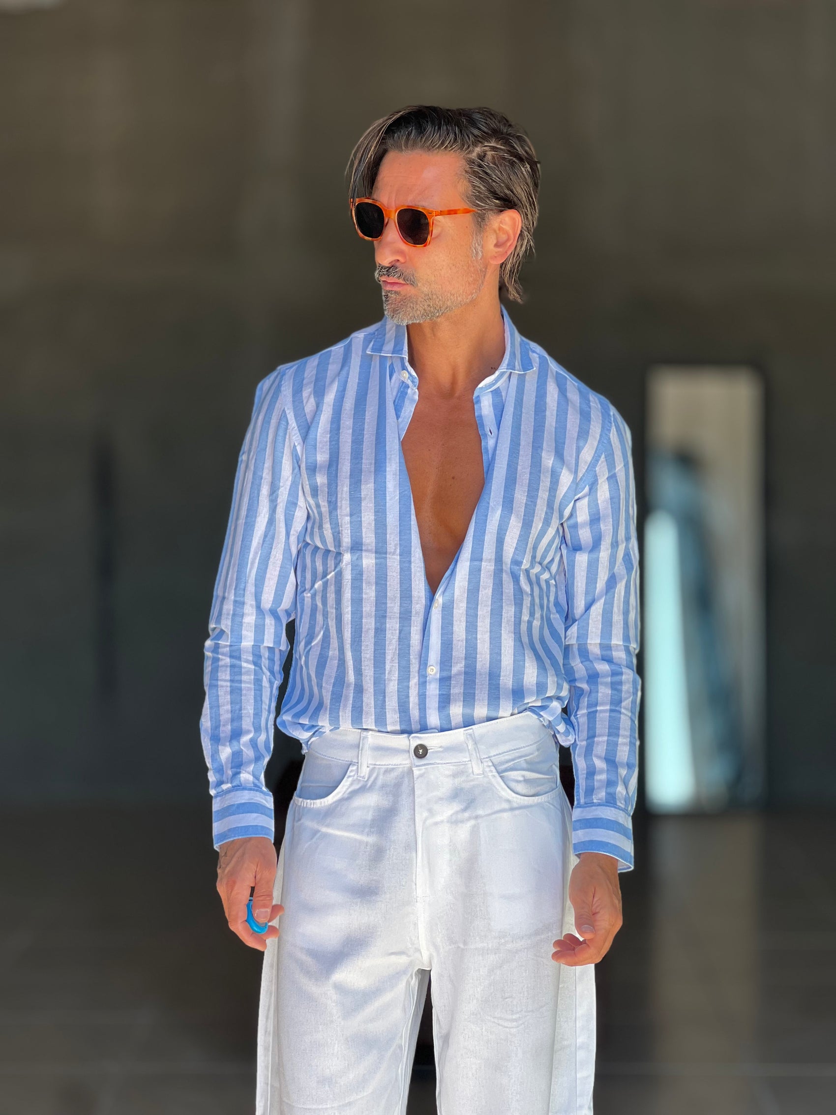 CAMICIA   BACCHETTA GRANDE  BIANCA E CELESTE  LINO E MISTI COLLO ITALIANO