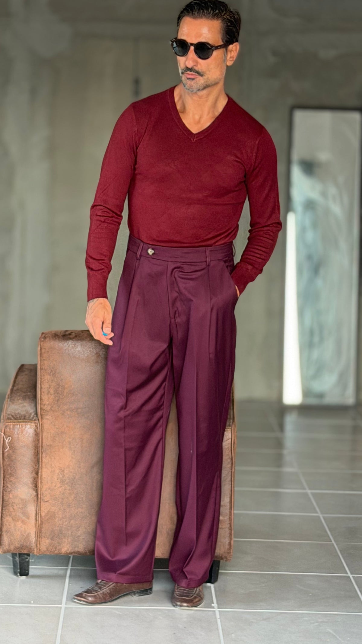PANTALONE  PRUGNA PINCES VISCOSA  FONDO AMPIO  EFFETTO FLANELLA BATTUTA