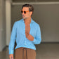 CAMICIA  AZZURRA LINO E MISTI COLLO ITALIANO