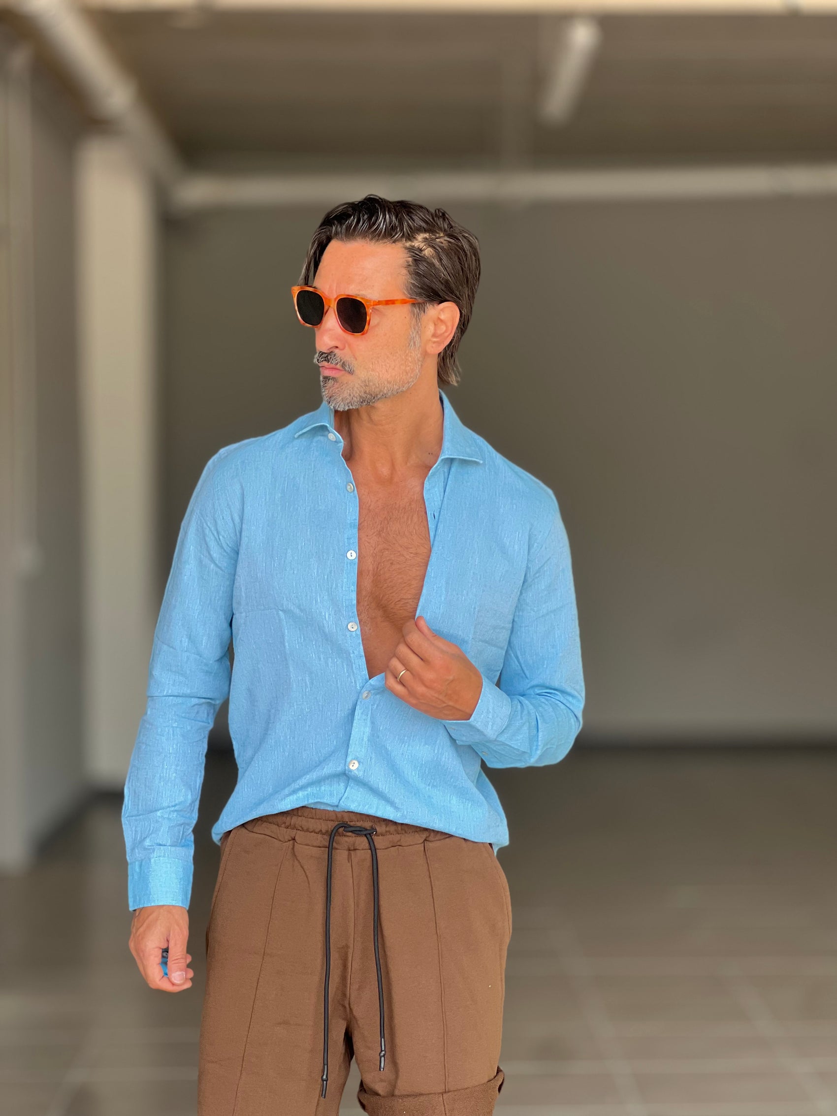 CAMICIA  AZZURRA LINO E MISTI COLLO ITALIANO