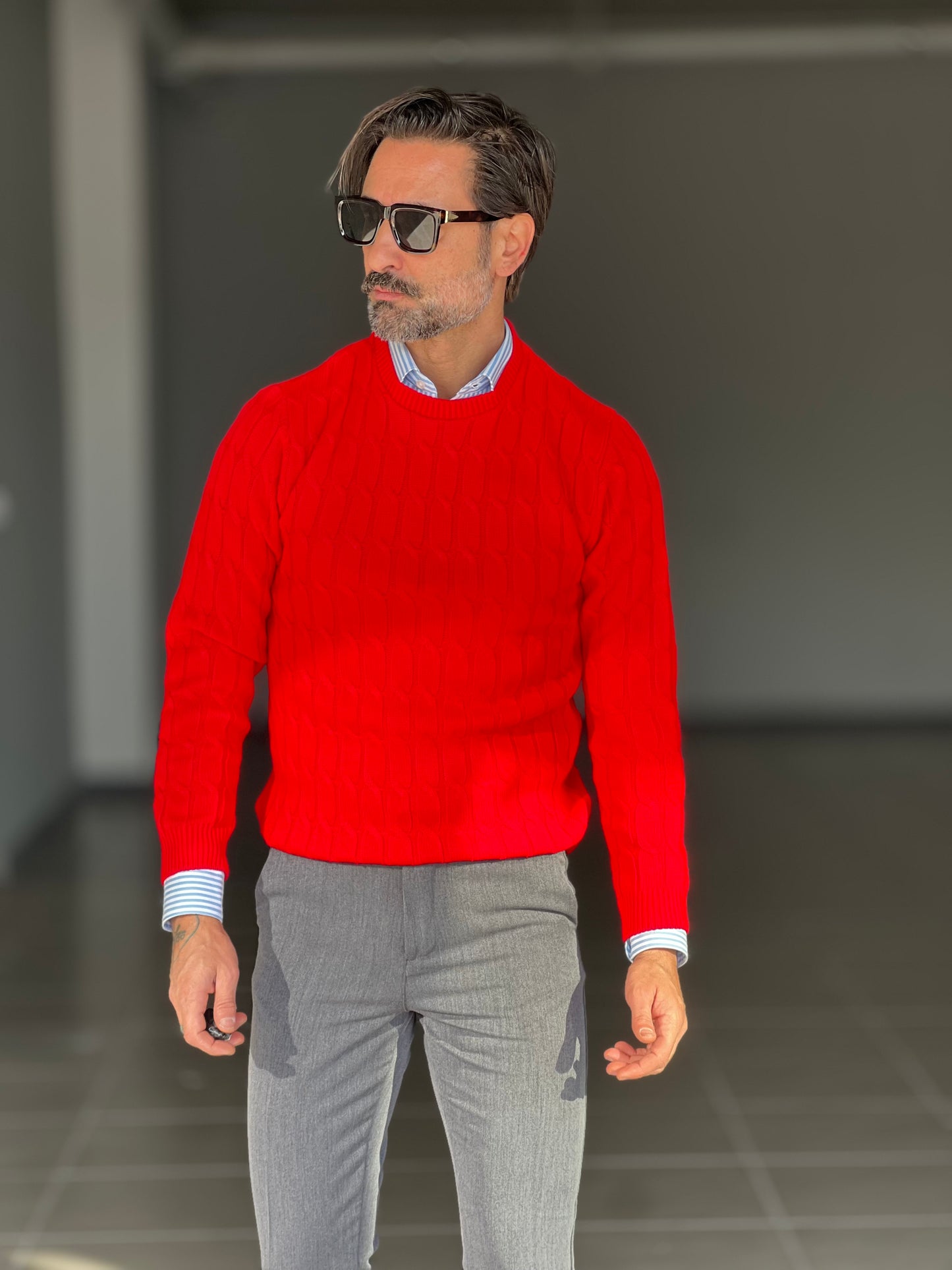 BLUE THREAD COTTON CREW NECK SWEATER