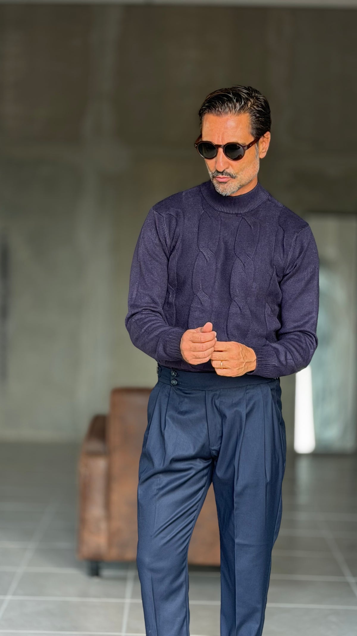 PANTALONE BLU  VITA ALTA PINCES VISCOSA  EFFETTO FLANELLA BATTUTA