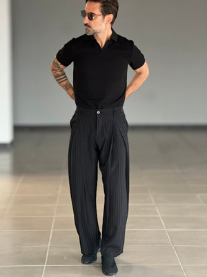 PANTALONE NERO  DOPPIA  PINCES  GESSATO BALOON VISCOSA