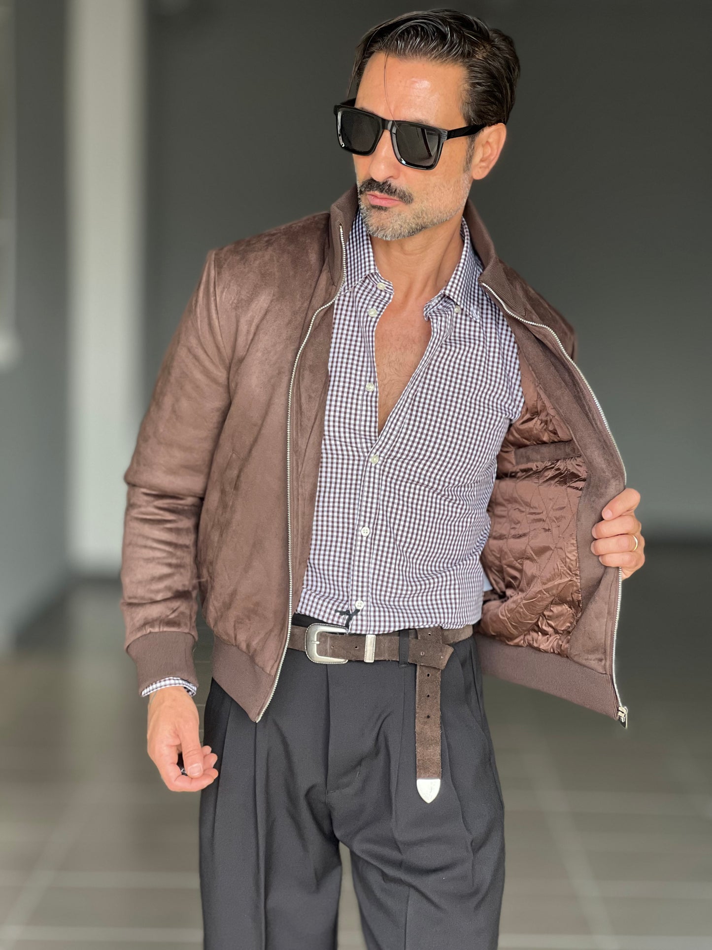 BOMBER ECOSUED MORO COLLO IN MAGLIA