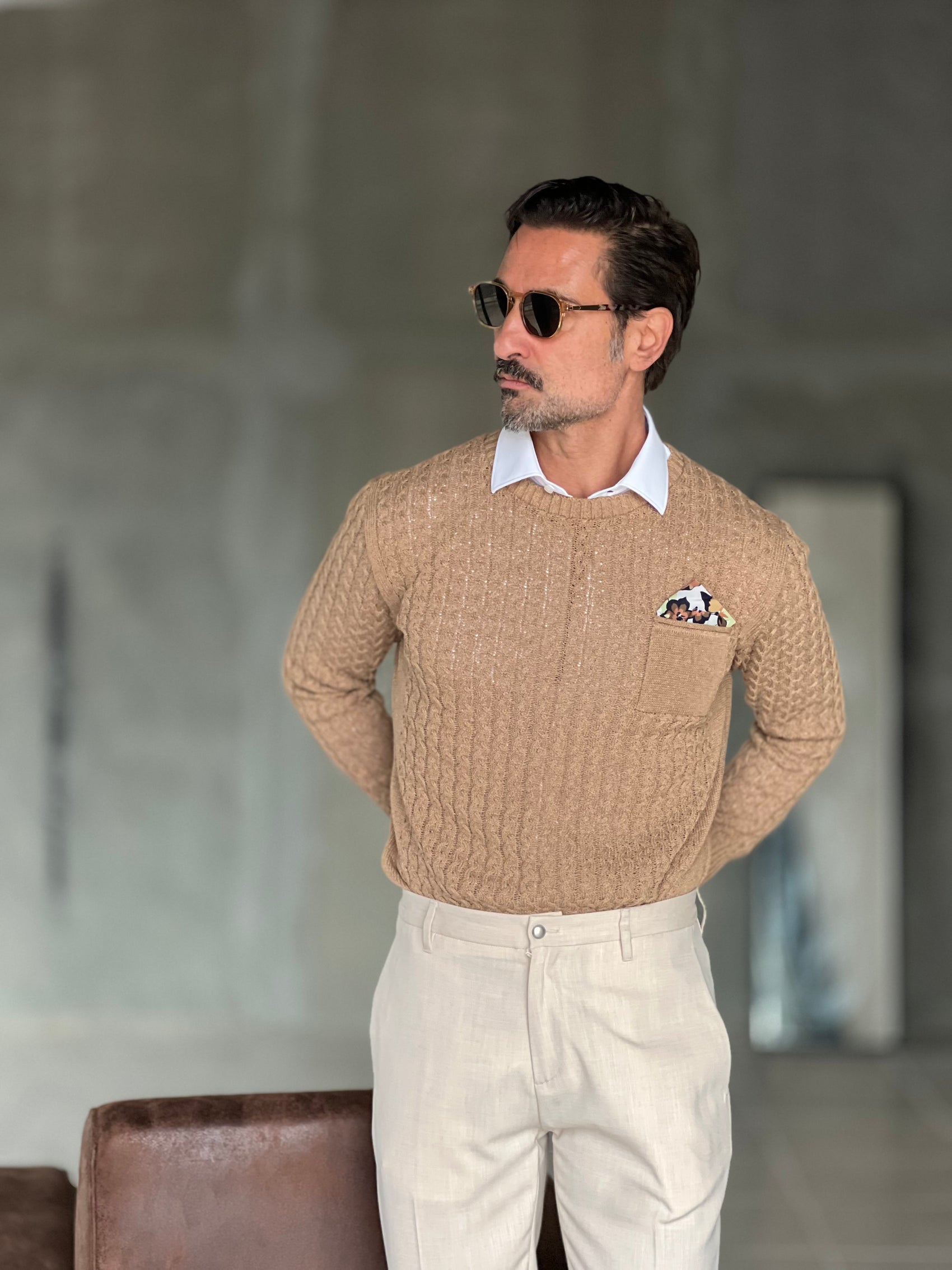 MAGLIA TORTORA  TRECCIA COTONE TASCHINO