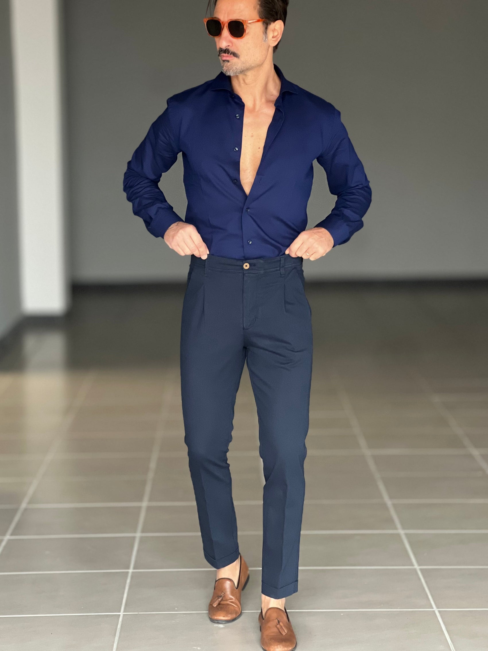 PANTALONE  PINCES  BLU NAVY  GABARDINE DI COTONE G PLAY