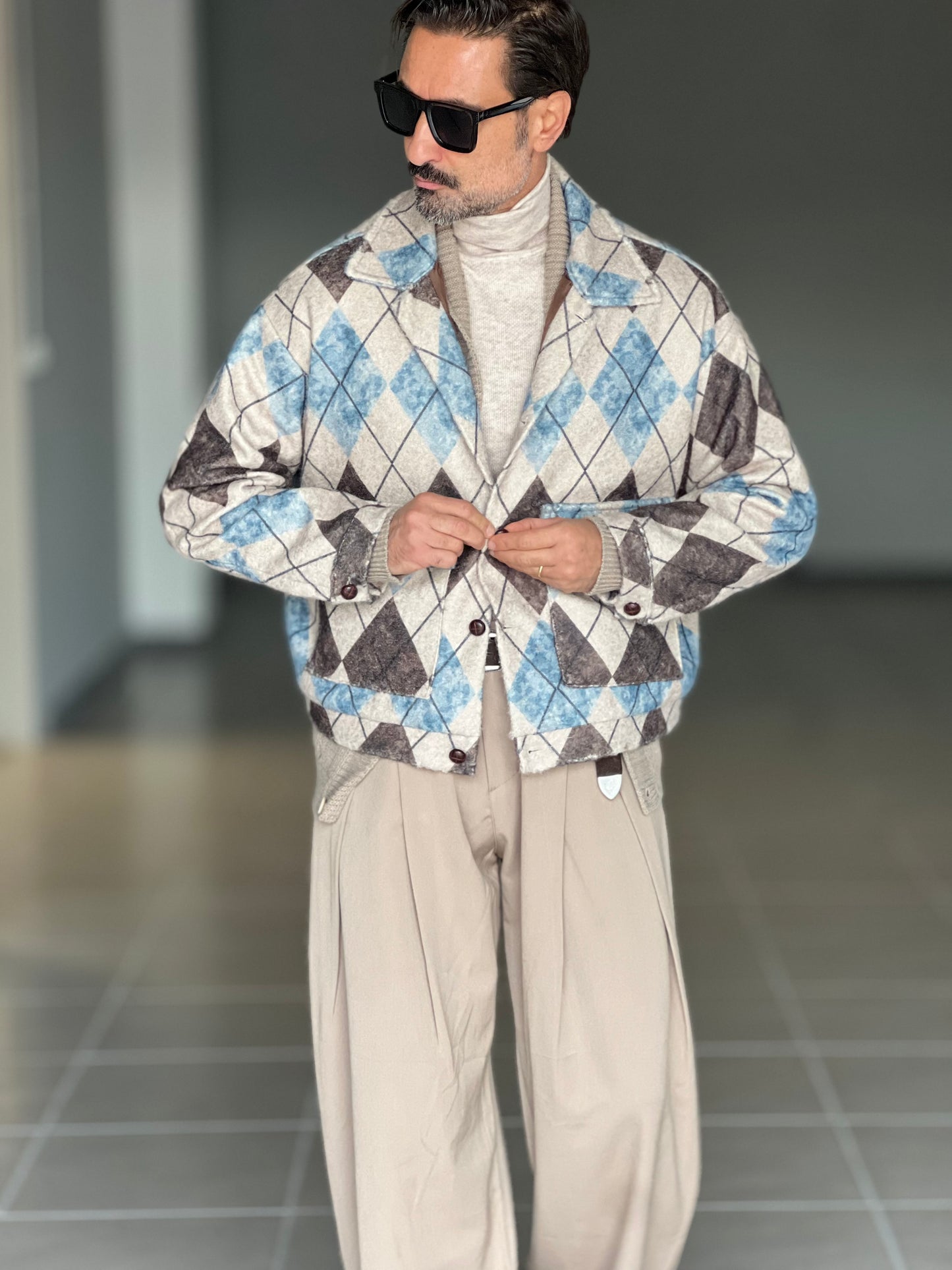 FILL JACKET ROMBO MORO PANNA E CELESTE CROP