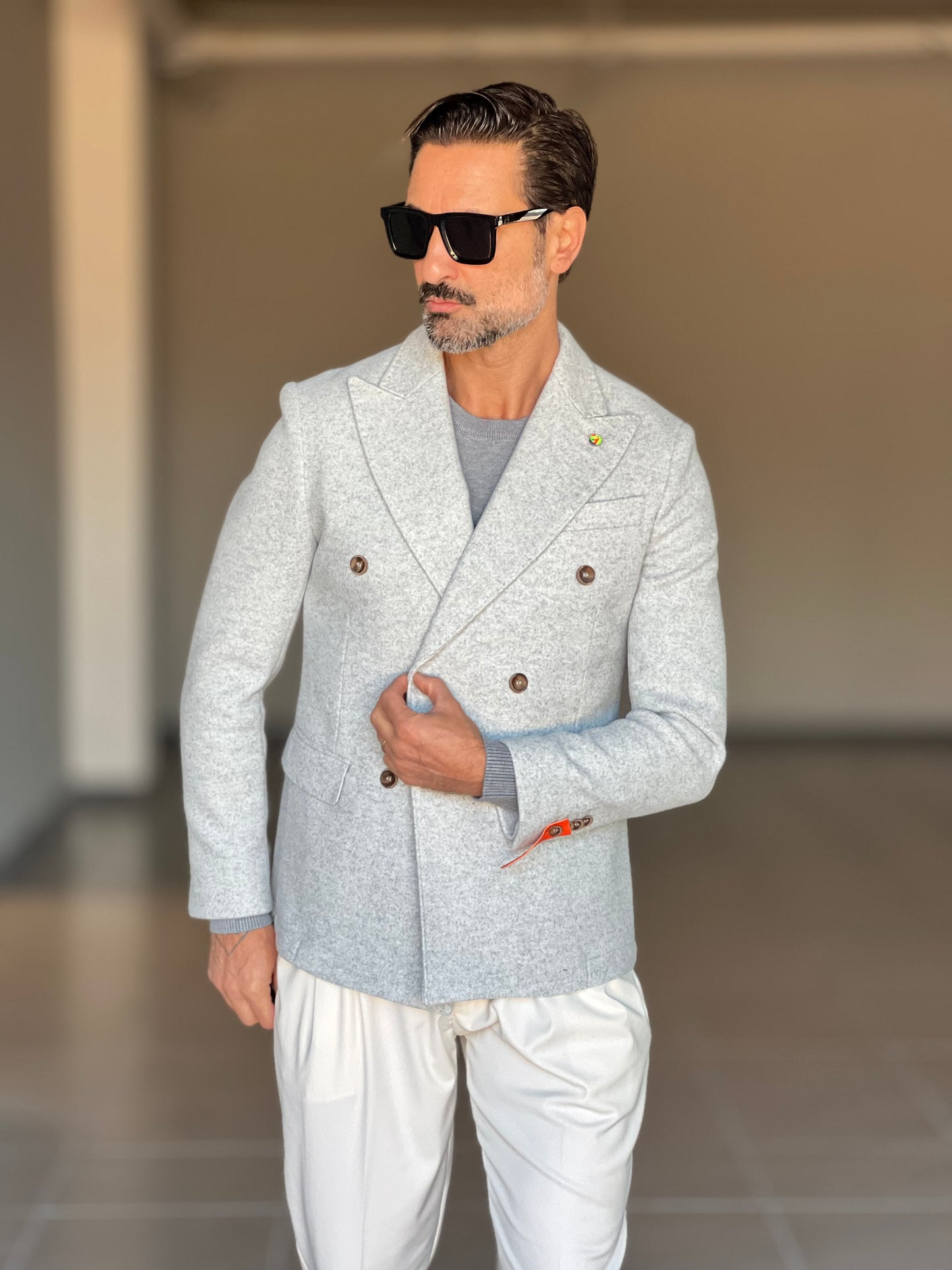 GIACCA PANNO CELESTE GRIGIO DOPPIPETTO