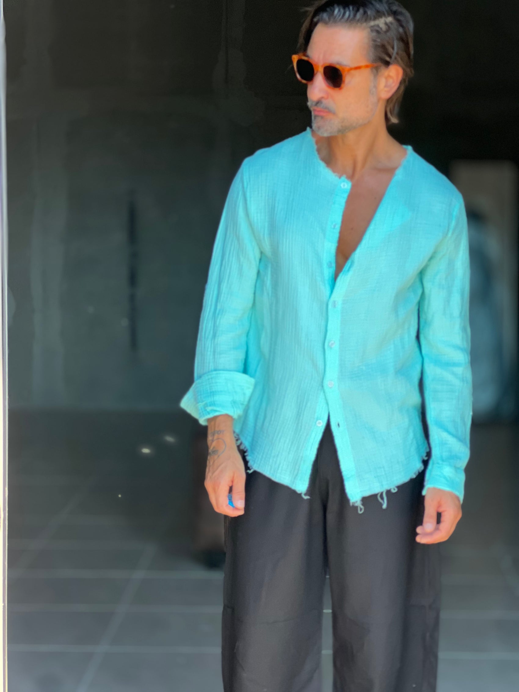 CAMICIA COREANA VERDE ACQUA GOFFRATA COTONE  EFFETTO LINO 278