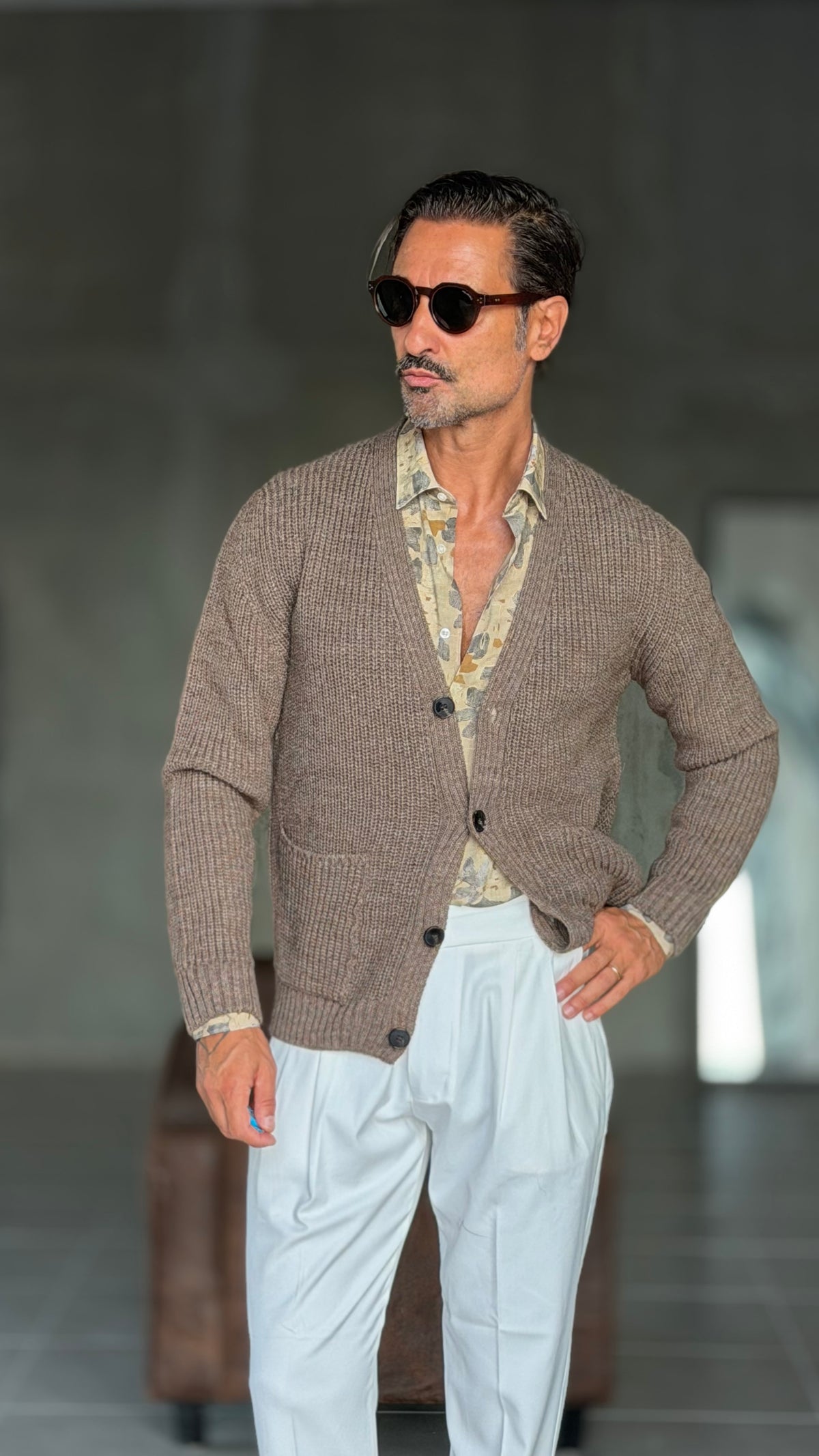 CARDIGAN MORO  LANA ALPACA VISCOSA MAGLIA INGLESE ALTATENSIONE