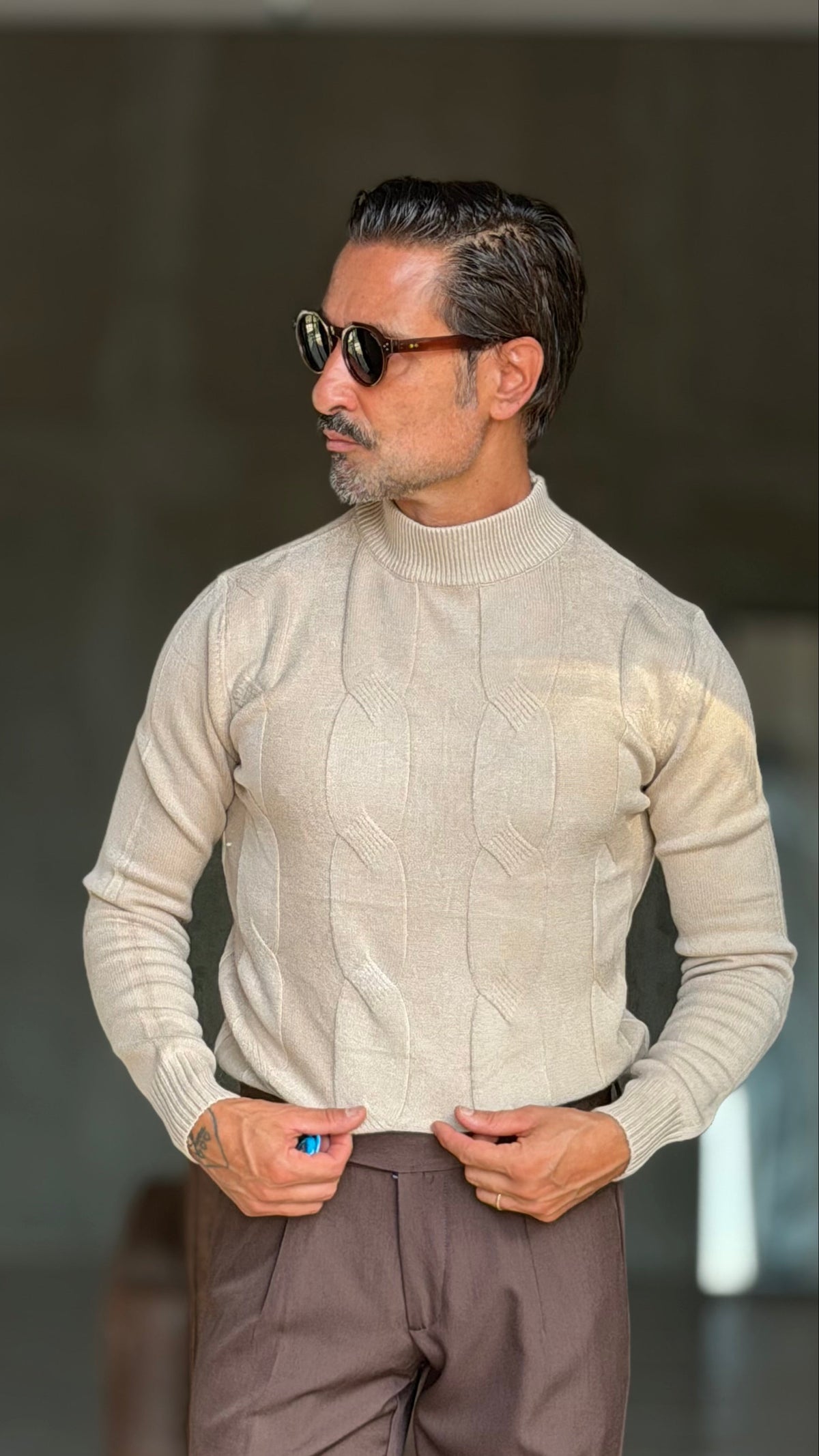 PULLOVER BEIGE  MEZZO COLLO TRECCIA VISCOSA
