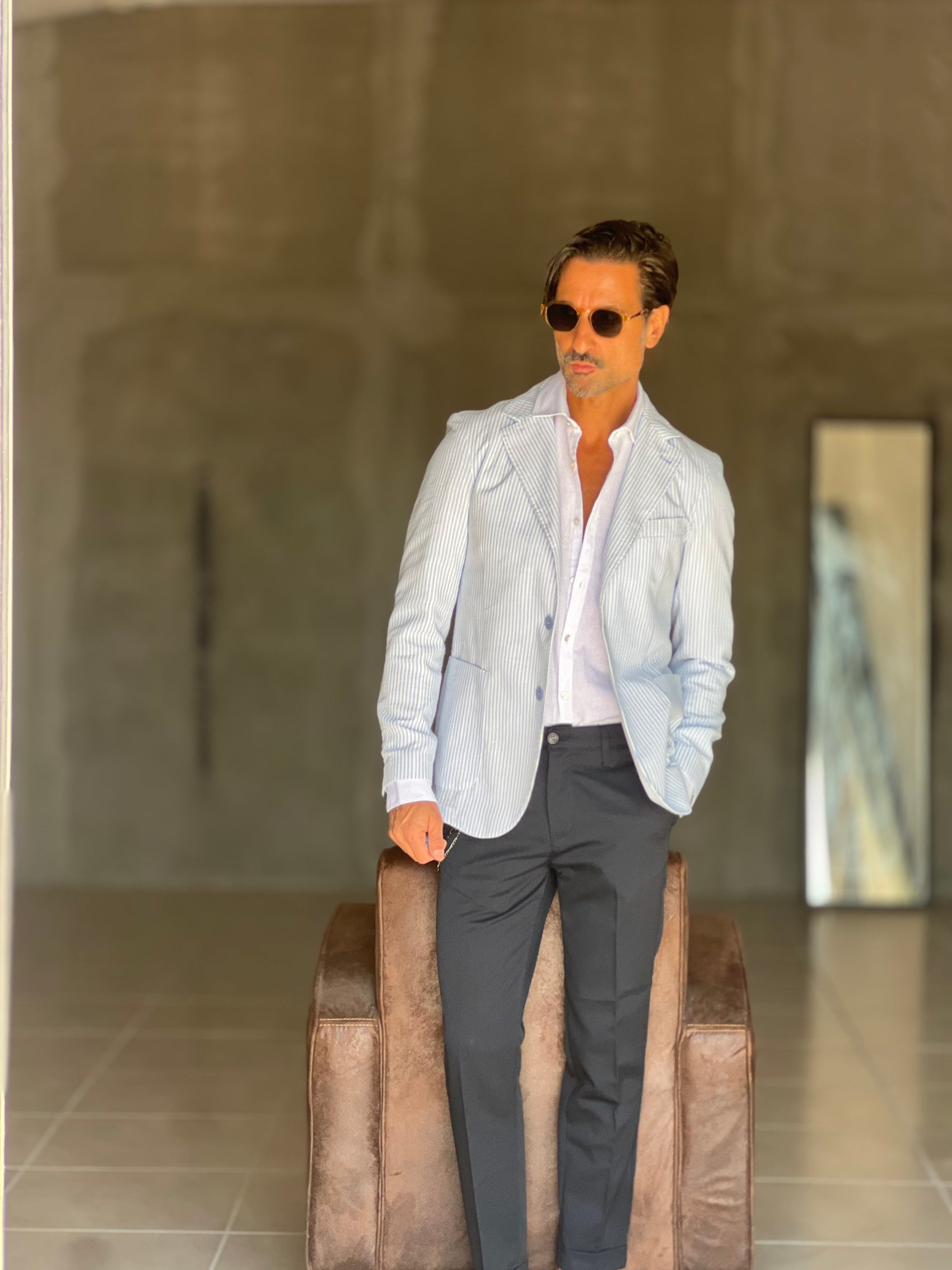 GIACCA MILLERIGHE CELESTE E BIANCA LINO E COTONE E MISTI