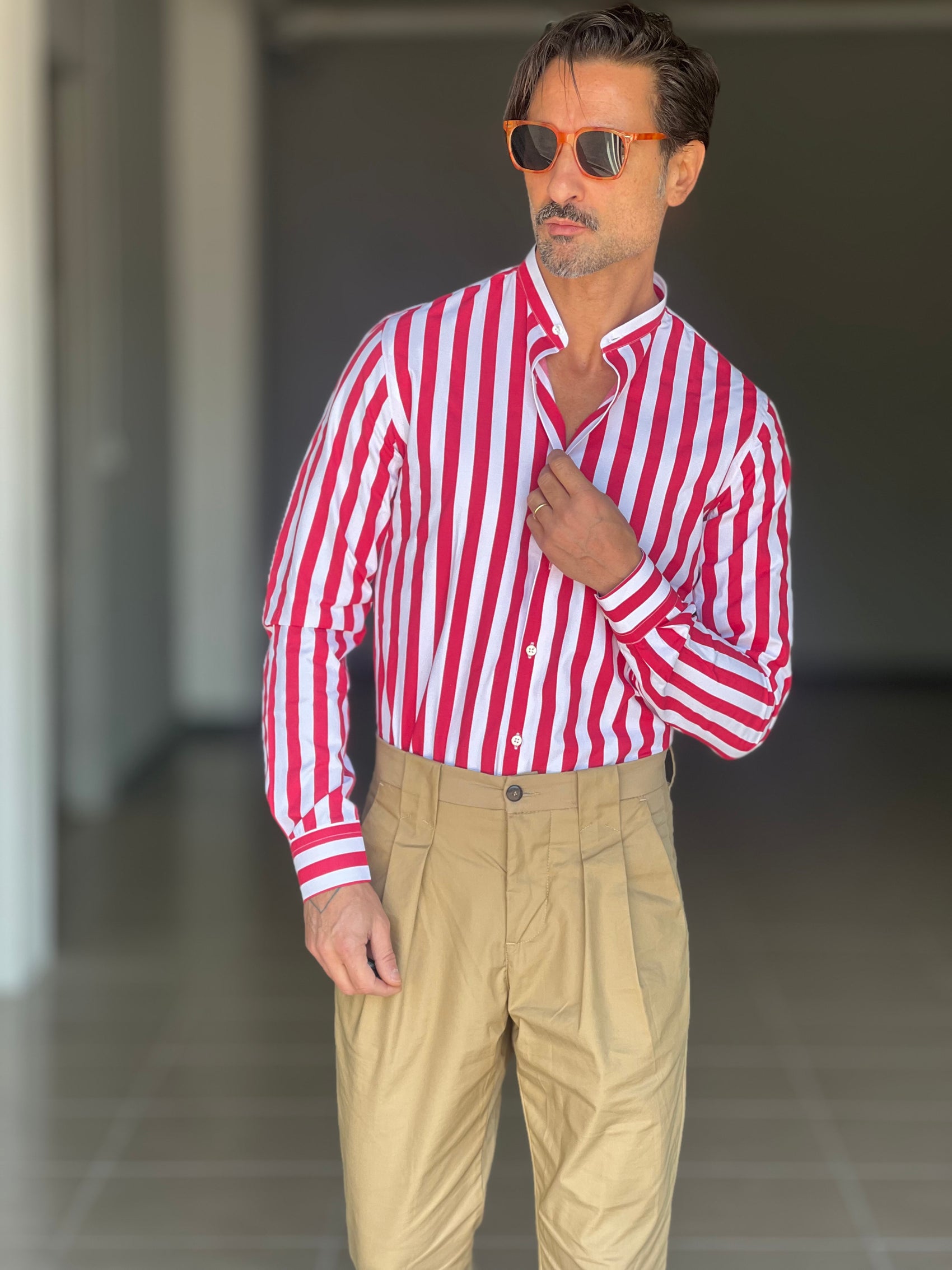 CAMICIA BIANCA E ROSSA  COREANA   POPELINE DI COTONE STRECH