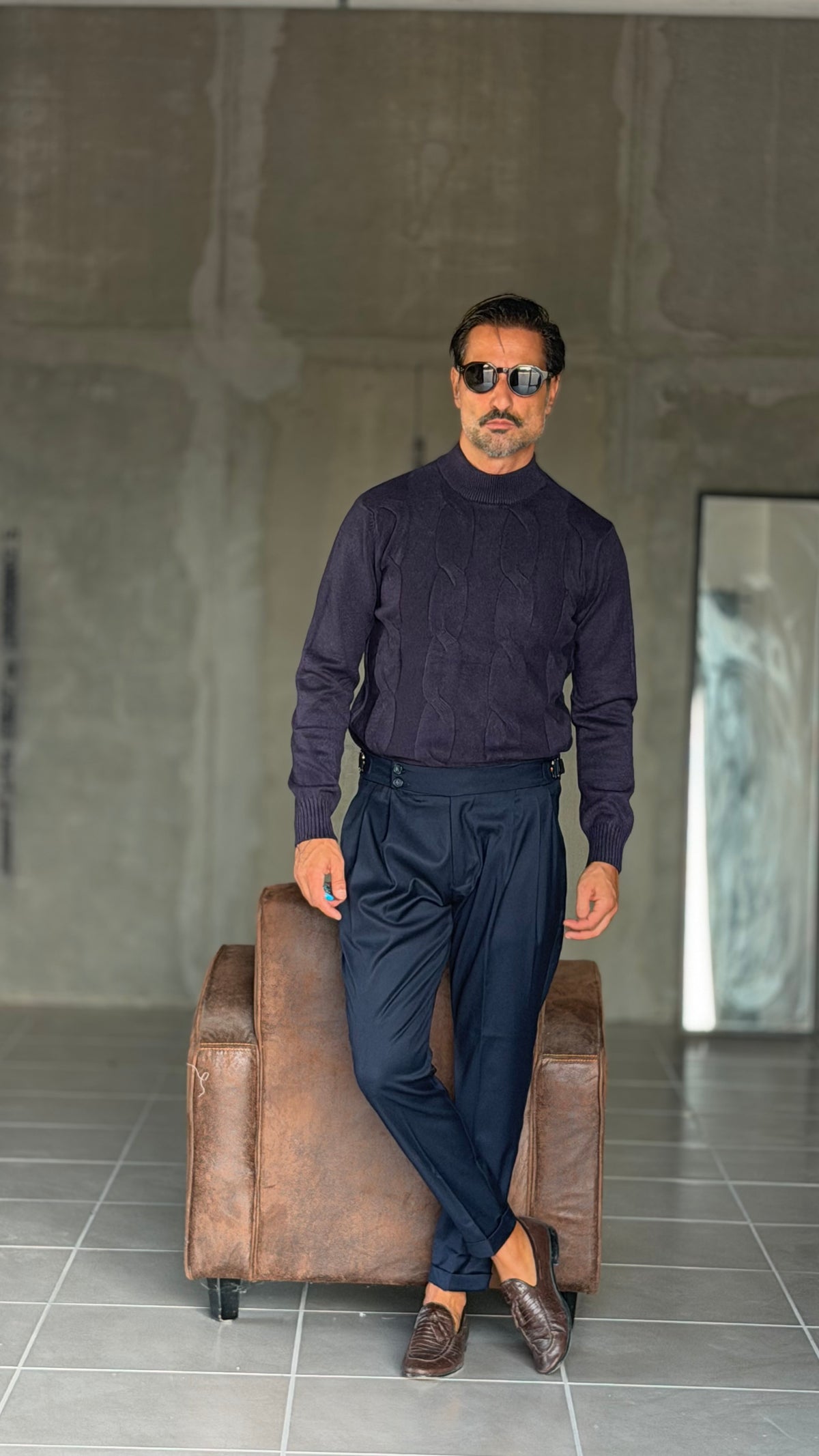 PANTALONE BLU  VITA ALTA PINCES VISCOSA  EFFETTO FLANELLA BATTUTA