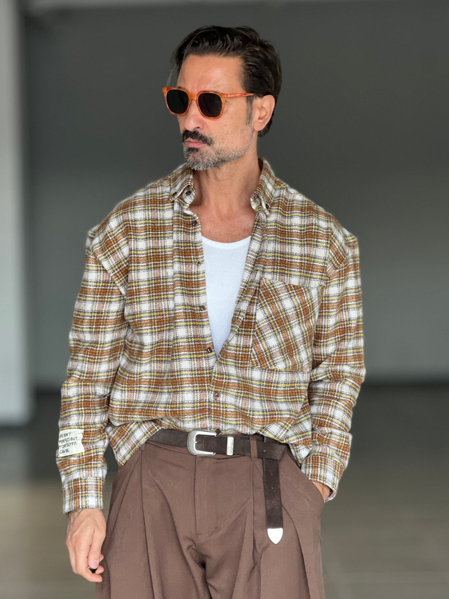 CAMICIA FLANELLA TARTAN CAMMELLO E PANNA