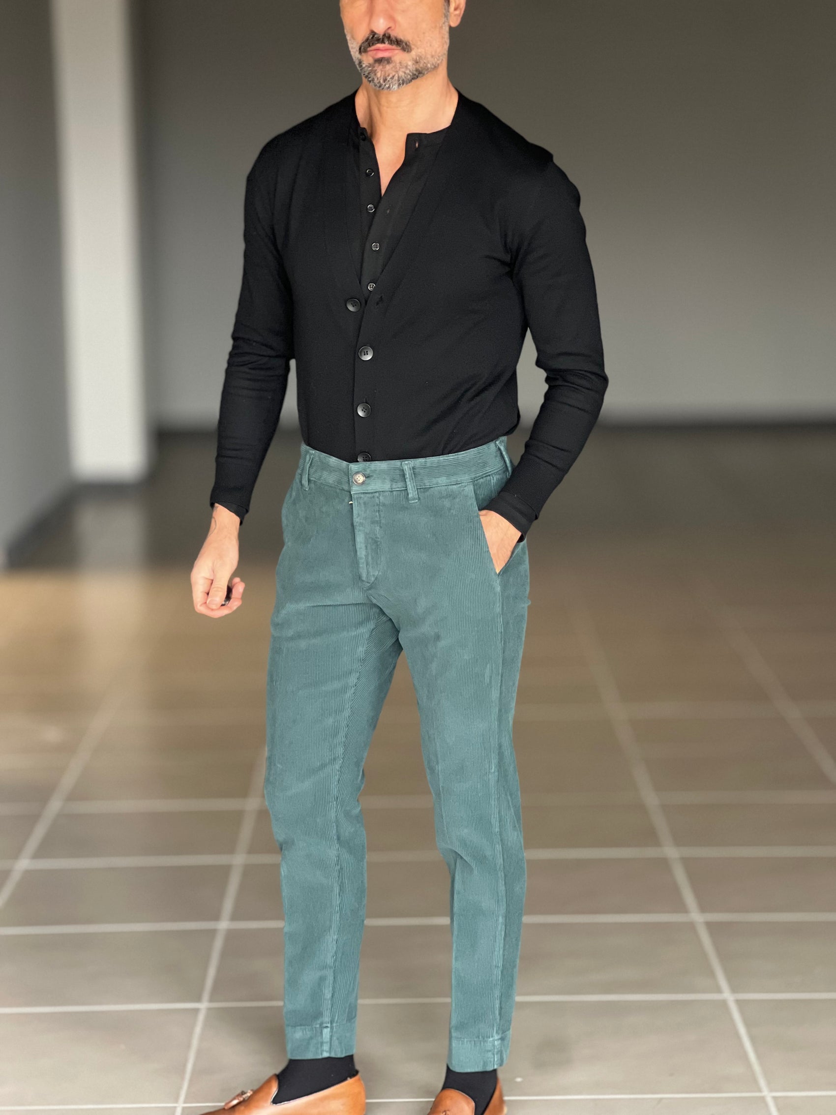 PANTALONE VELLUTO VERDE FOGLIA GAMBA DRITTA