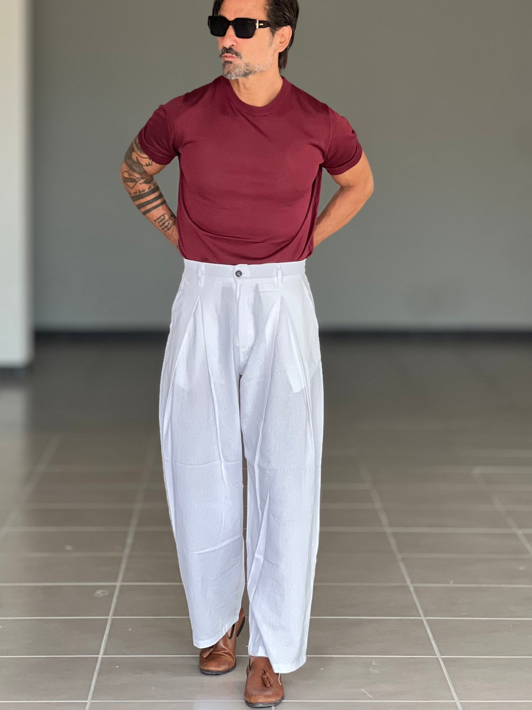 PANTALONE BIANCO LINO E COTONE  DOPPIA  PINCES BALOON 00125