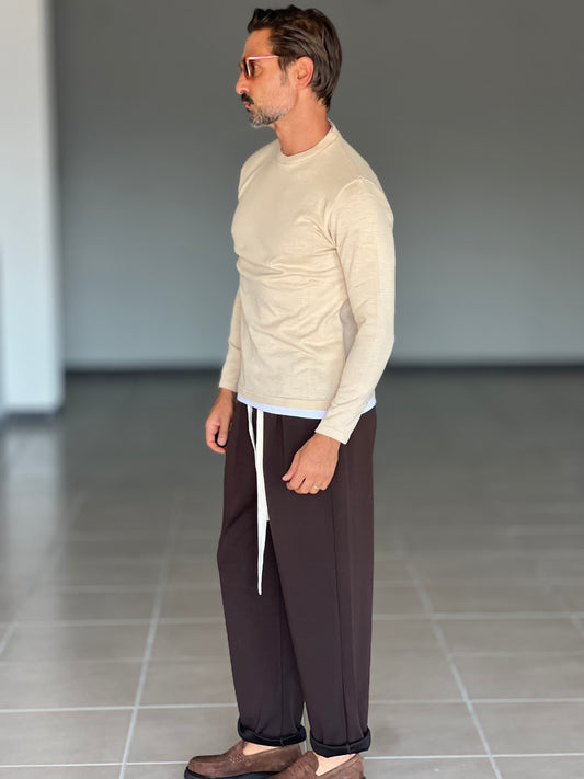 MAGLIA  2 FILI BEIGE INSERTO T SHIRT BIANCA