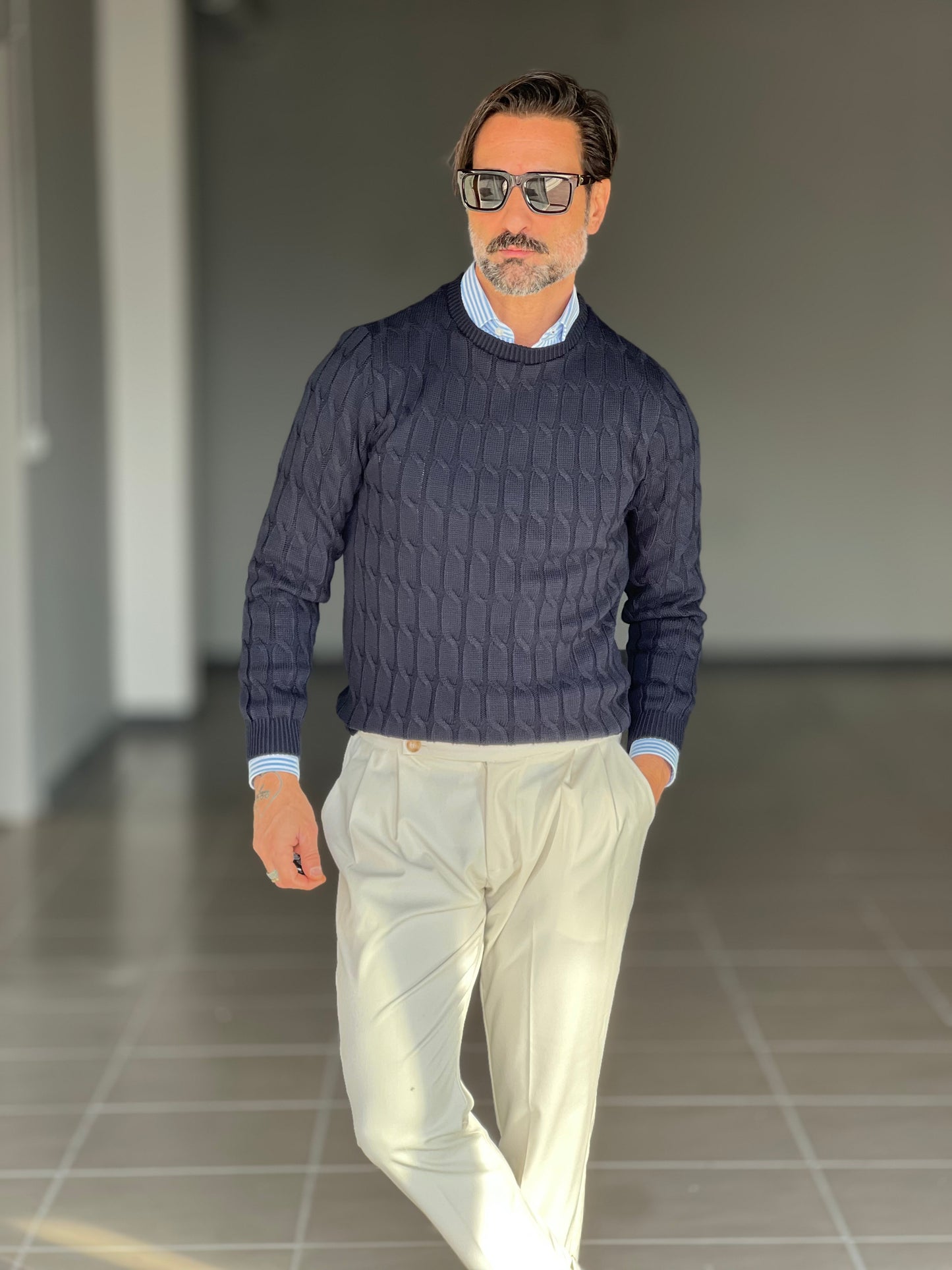 BLUE THREAD COTTON CREW NECK SWEATER