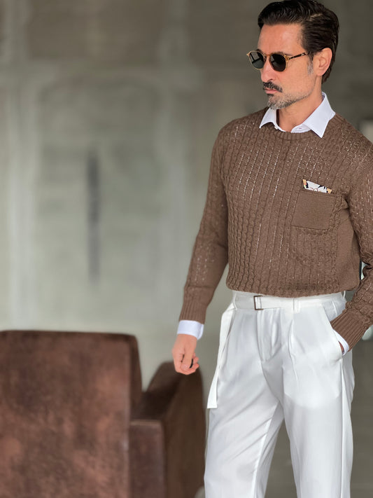 MAGLIA  MORO  TRECCIA COTONE TASCHINO