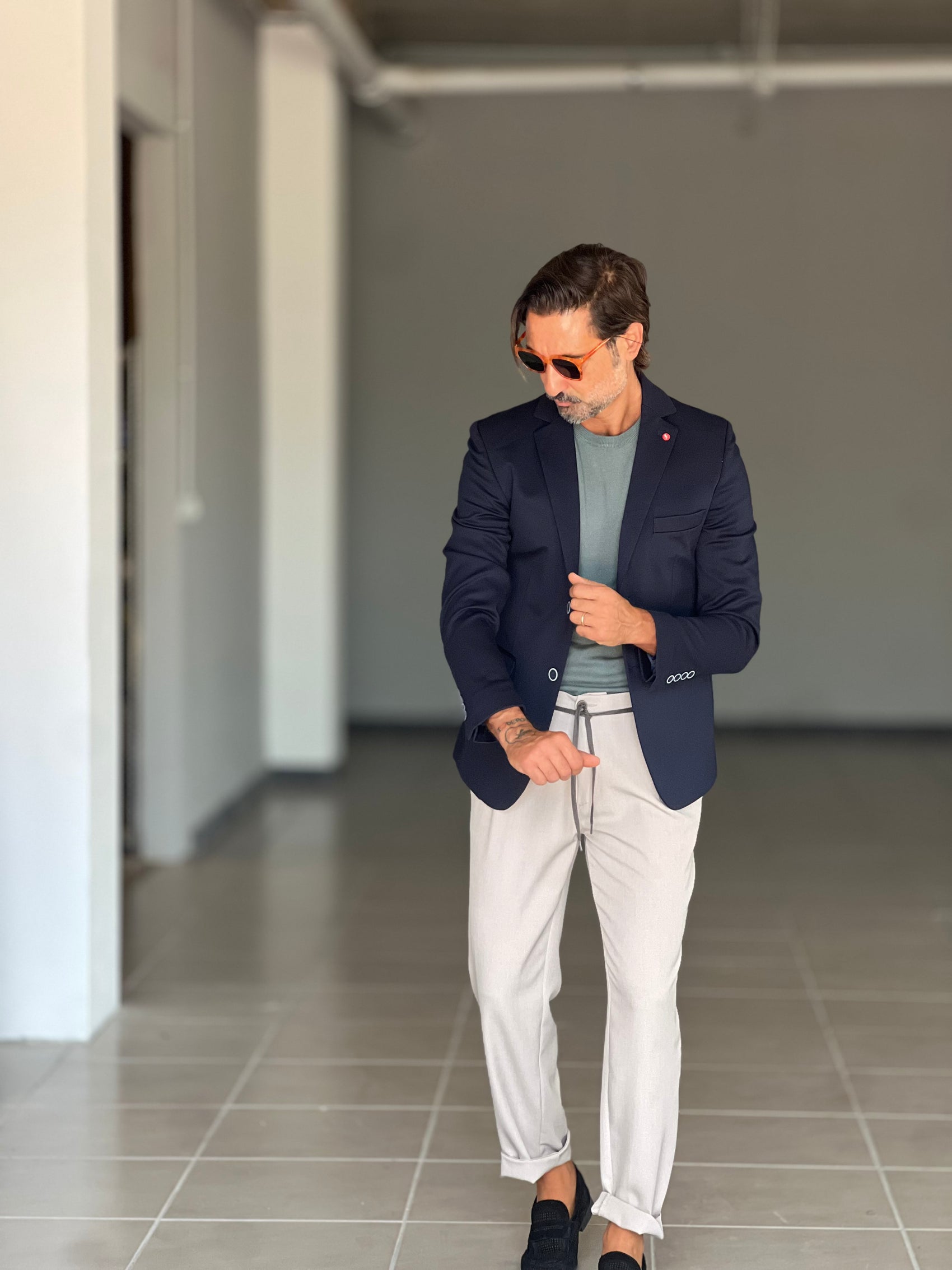 GIACCA MONOPETTO BLU TESSUTO RIGATO STRECH