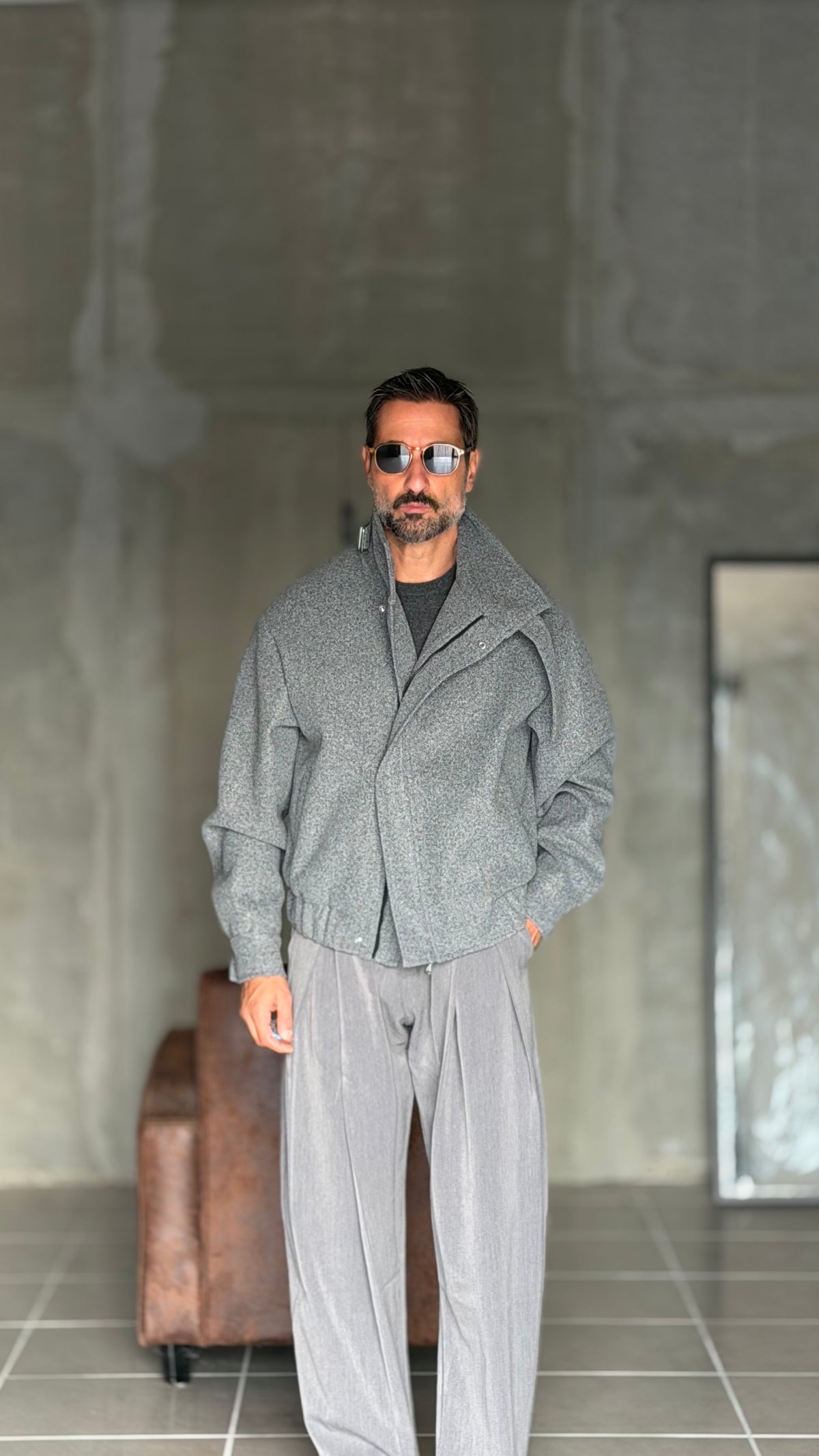 GIUBBINO GRIGIO PANNO COLLO SCIARPA CROP 1062
