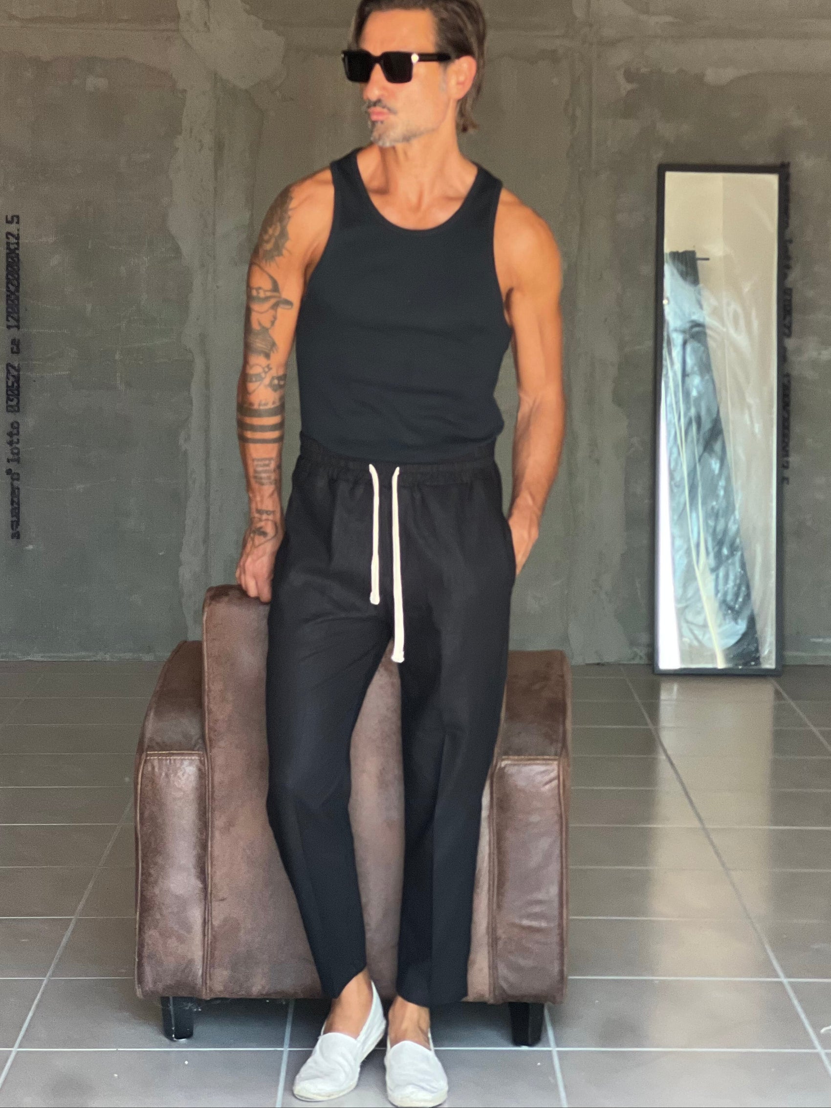 PANTALACCIO NERO  LACCIO A CONTRASTO MISTO LINO
